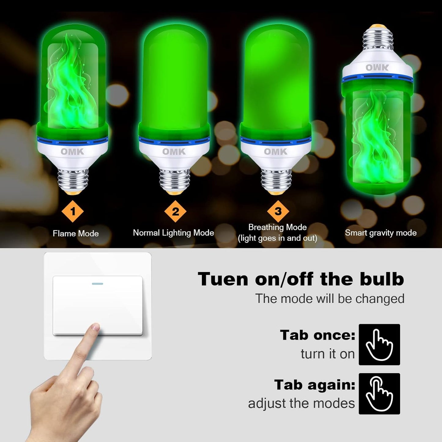 OMK - LED Christmas Decorations Flame Effect Light Bulbs - Upgraded 4 Modes Two-Tone Fire Simulated Lamps - Holiday/Christmas Gifts/Party/Indoor/Outdoor Decoration Lights (2Pack)