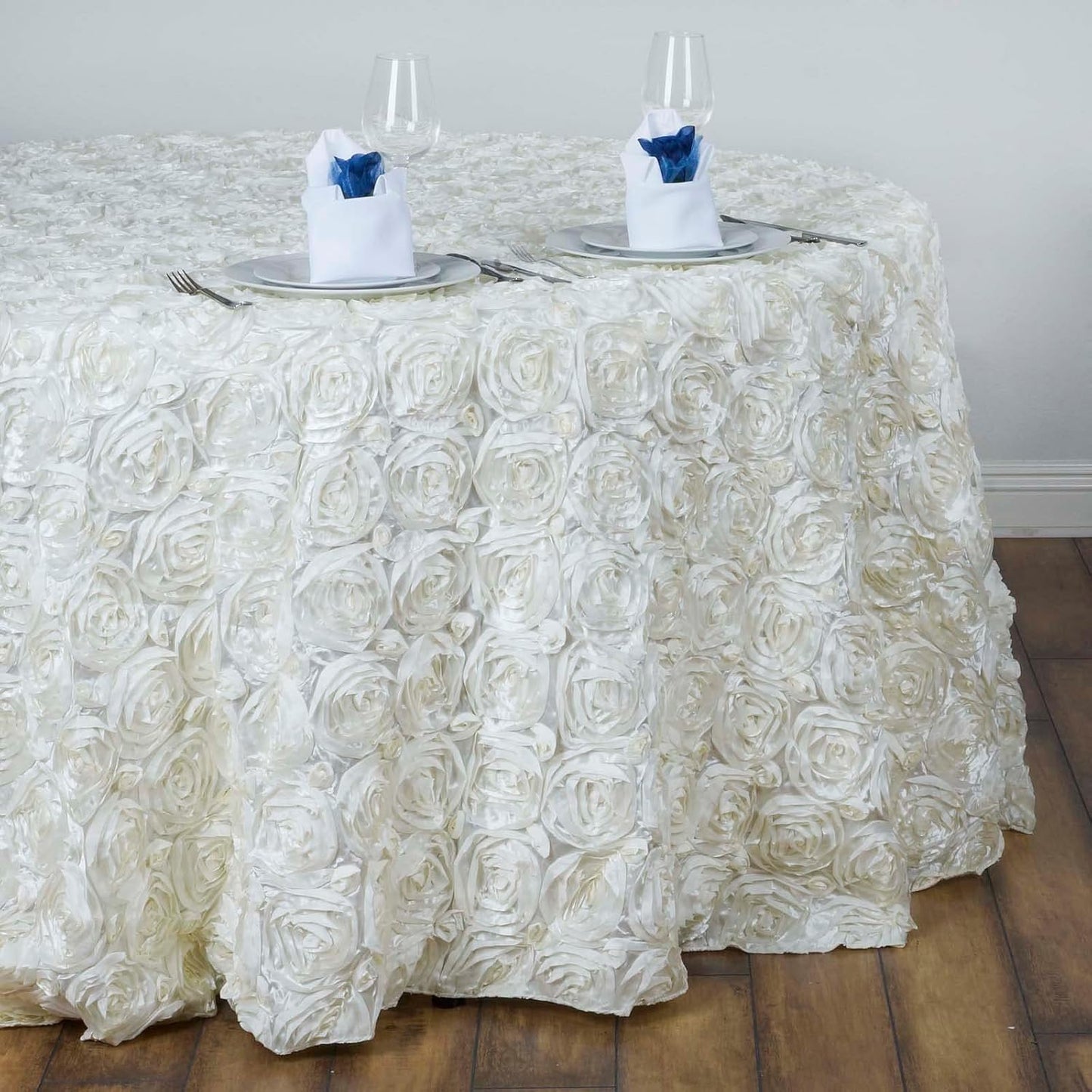 Efavormart 132" Wholesale Round Table Cover Ivory Grandiose Rosette 3D Satin Tablecloth for Wedding Party Event Decoration