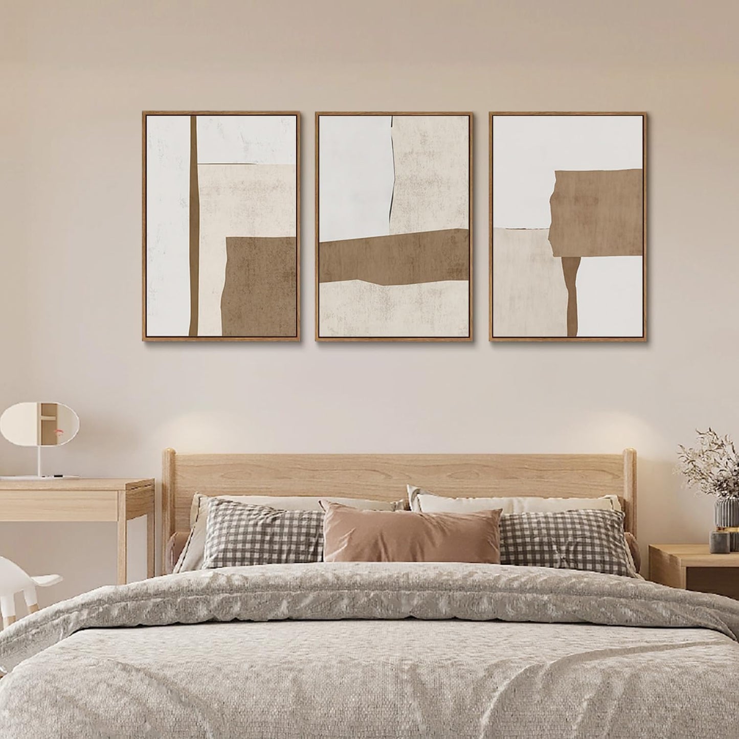 myusuar 3 Piece Large Modern Abstract Canvas Framed Wall Art For Living Room, Brown And Beige Block Minimalist Wall Art Decor Posters Prints For Bedroom Office, 24x36in