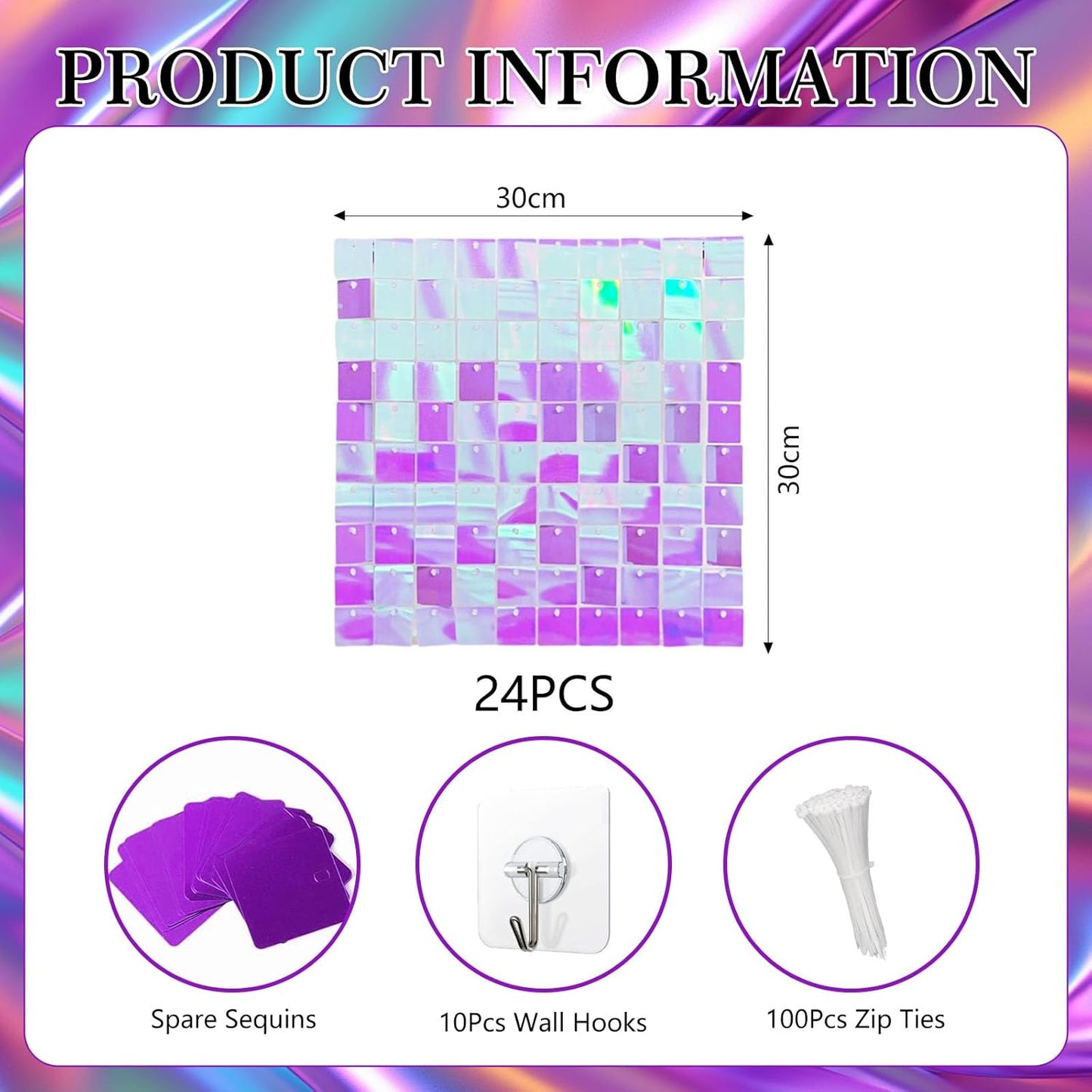 24PCS Colorful Purple Shimmer Wall Backdrop, Square Sequin Photo Backdrops Panel, Glitter Wall Background for Birthdays, Weddings, Christmas, Engagements, Disco Bachelorette Party Decor (3FTx4FT)