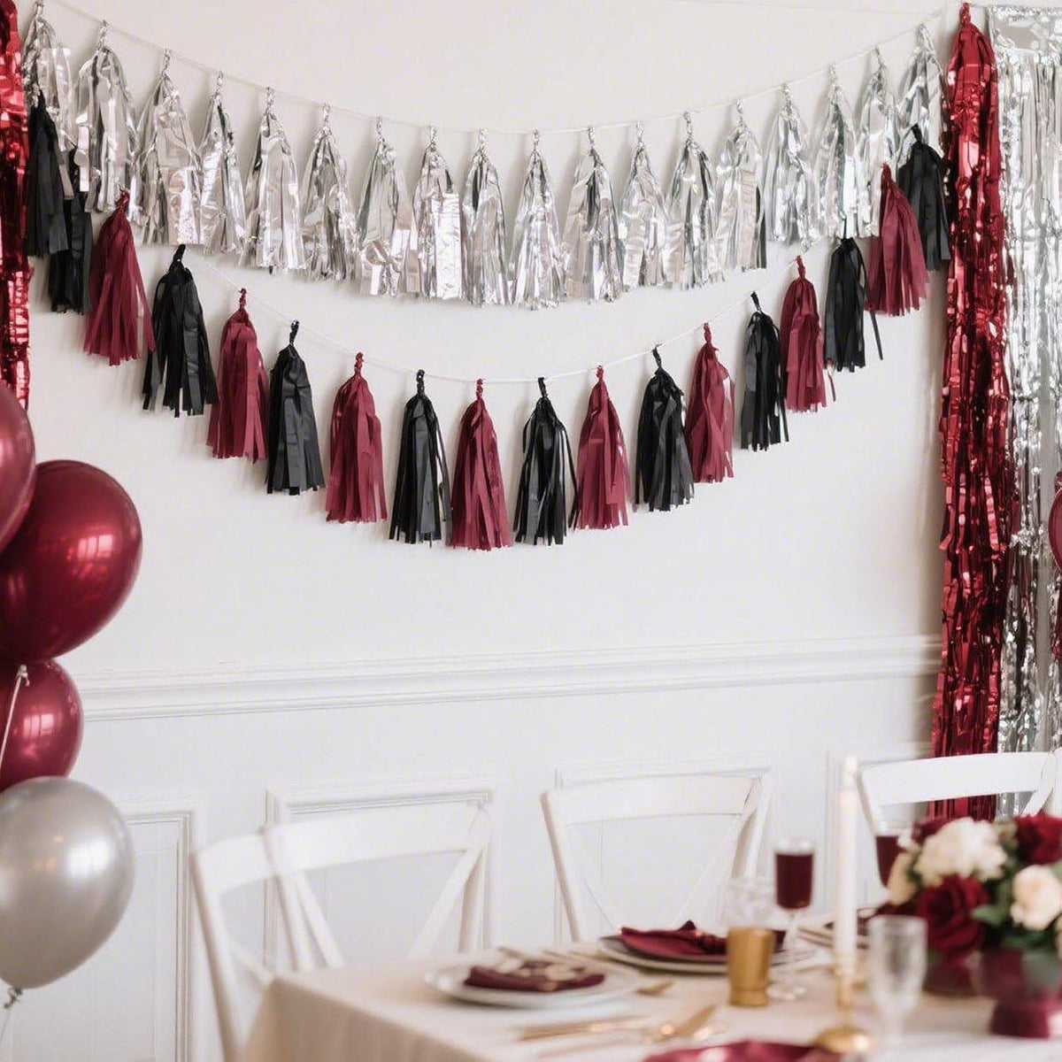 Tassel Garland Tissue Paper Tassel Banner,Tassels Party Decorations for Wedding,Birthday,Bridal/Baby Shower,Pack of 15 (Burgundy/Black/Silver)
