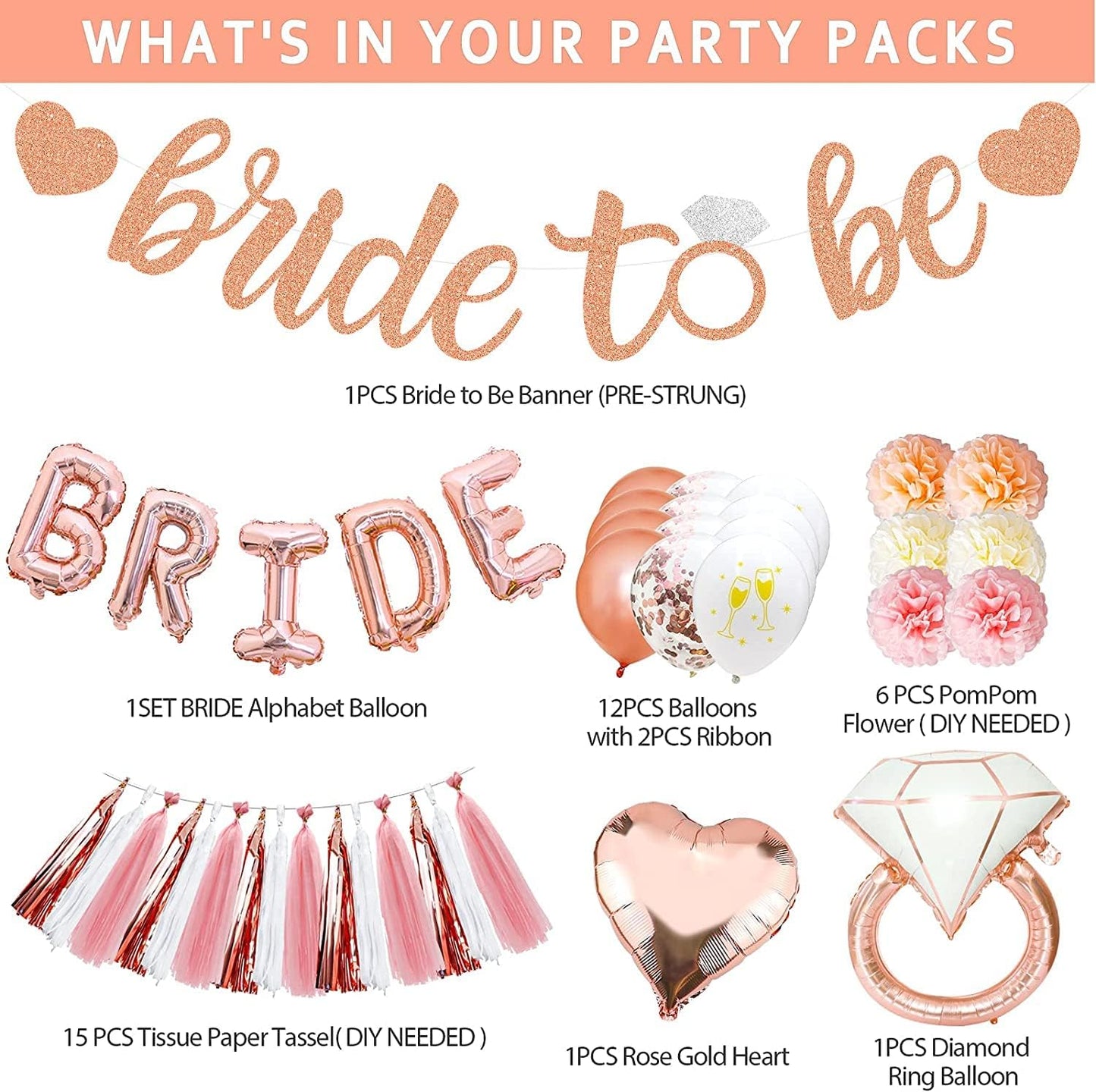 Bridal Shower Decorations - Rose Gold Party Decorations with Wifey for Lifey Banner, Bride Foil Balloon, Diamond Ring Balloon, Paper Pom Poms, Tassel Party Supplies