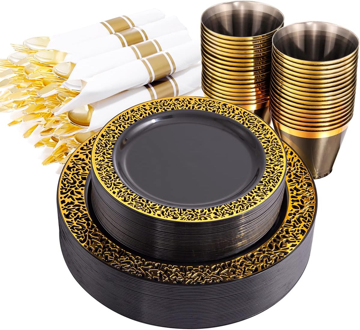 NOCCUR 210pcs Black and Gold Dinnerware Set - Black Disposable Plates and Napkins Party Supplies Include 60 Dinner/Dessert Plates, 30 Prerolled Plastic Cutlery&30 Cups for Party, Birthday, Halloween