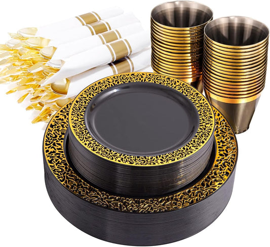 NOCCUR 210pcs Black and Gold Dinnerware Set - Black Disposable Plates and Napkins Party Supplies Include 60 Dinner/Dessert Plates, 30 Prerolled Plastic Cutlery&30 Cups for Party, Birthday, Halloween