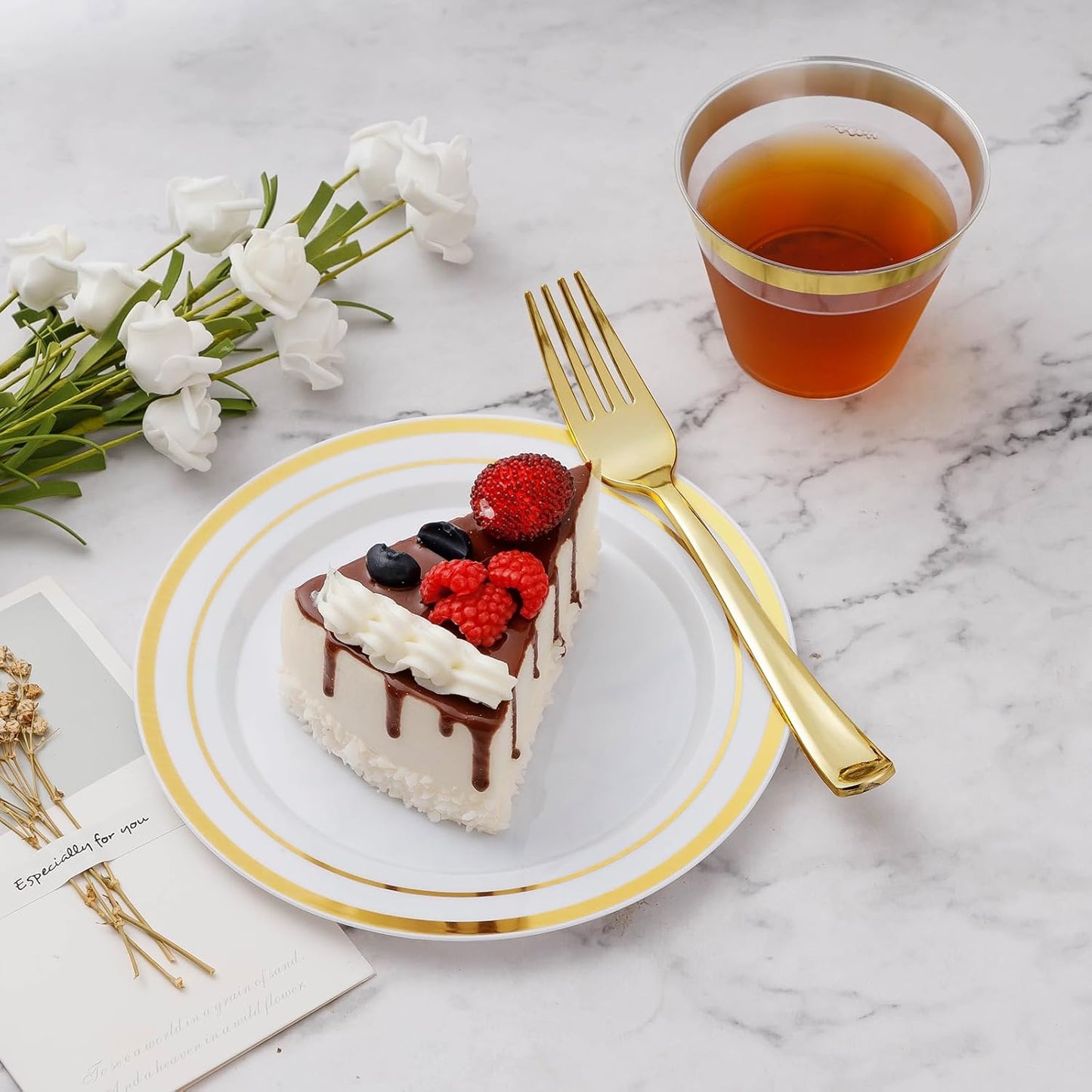 300PCS Gold Plastic Plate Set (50 Guests), Plastic Plates for Party Wedding Birthday, Disposable Dinnerware Set of 100 Plates, 100 Forks, 50 Spoons, 50 Knives for Christmas, Thanksgiving