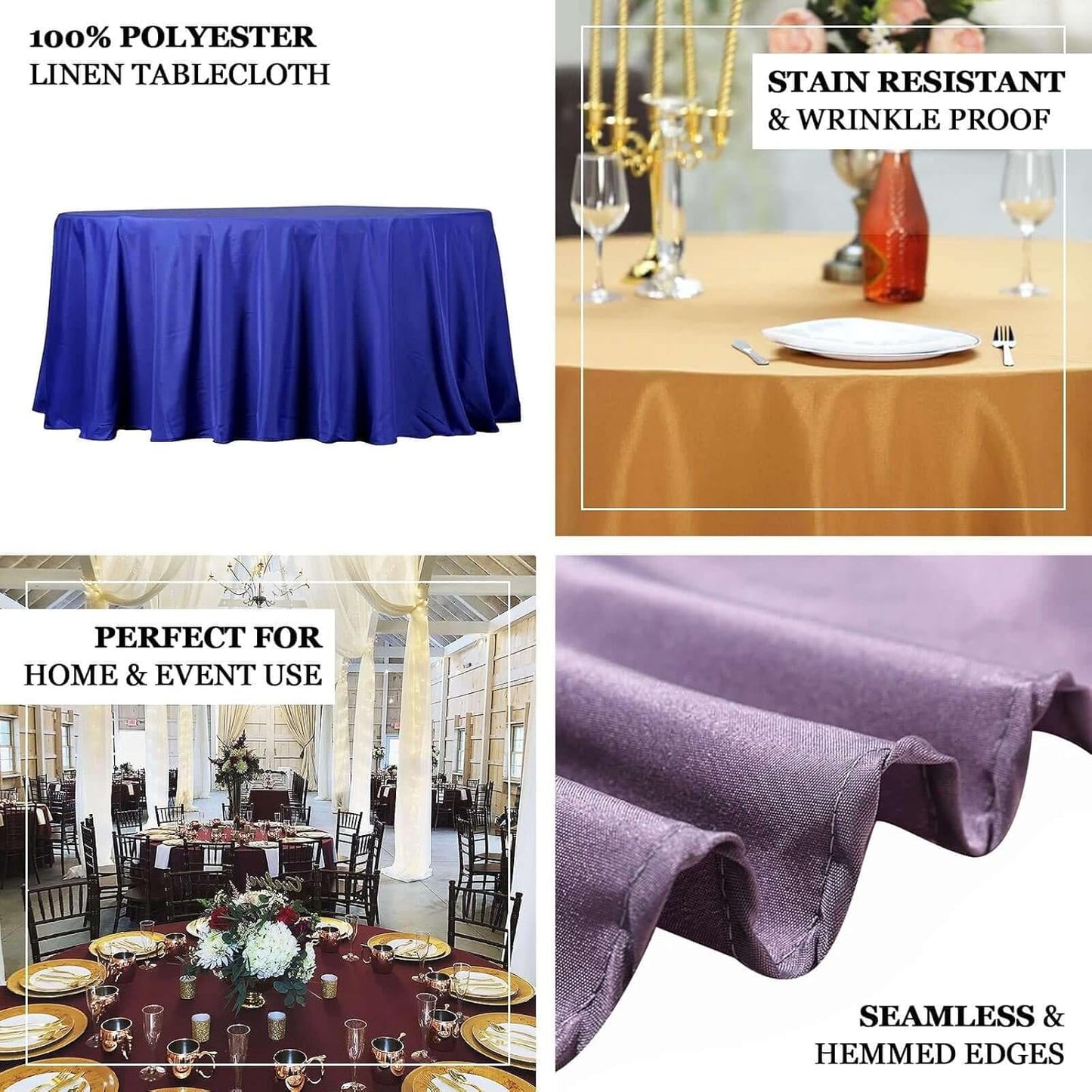 Efavormart Round Tablecloth, 132 Inch Stain & Wrinkle Resistant Washable Table Cloth, Decorative Polyester Fabric Table Cover for Banquet, Wedding, Dining- Champagne