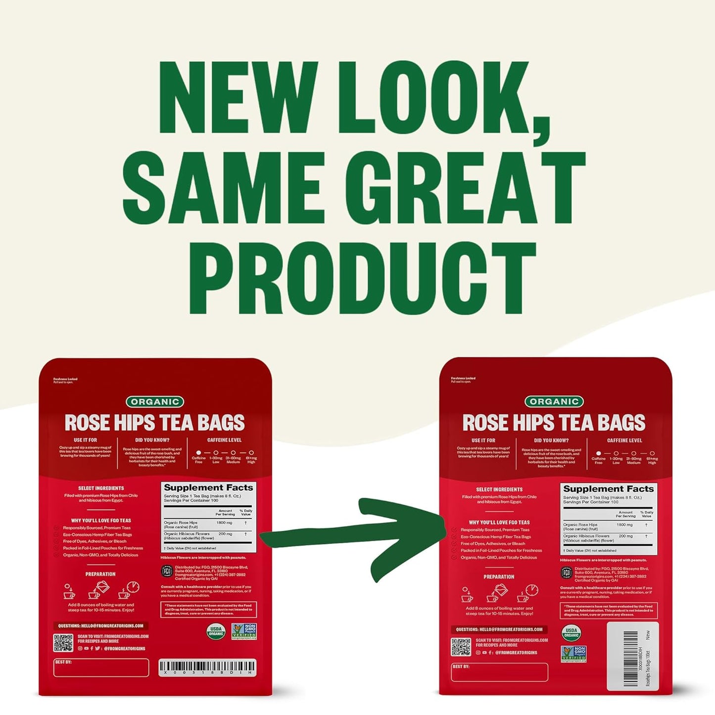 FGO Organic Rosehips Tea, Eco-Conscious Tea Bags, 100 Count, Packaging May Vary (Pack of 1)