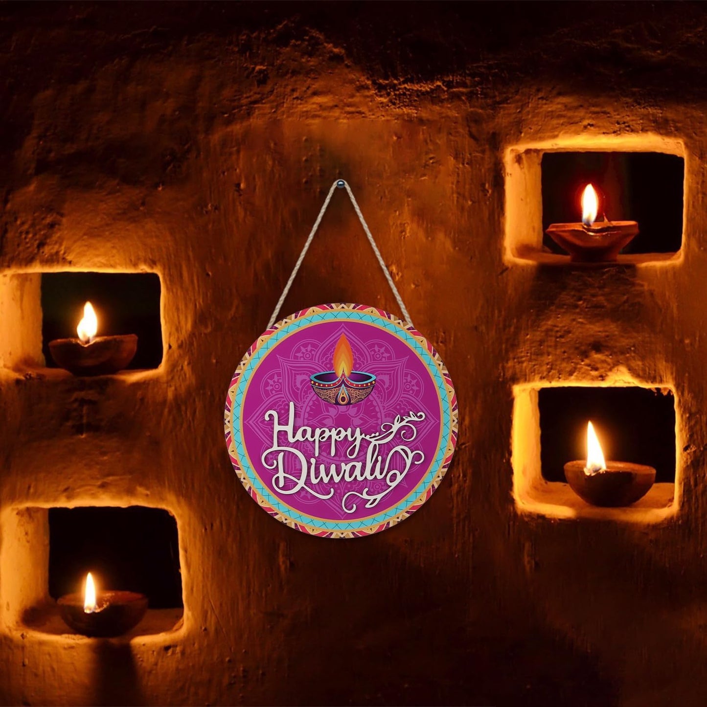 CHDITB Happy Diwali Decoration 3D Front Door Sign(12”x12”), Indian Festival of Lights Wall Hanging with Rangoli Diyas, Deepavali Themed Door Hanger for Front Door Porch Home Office Party