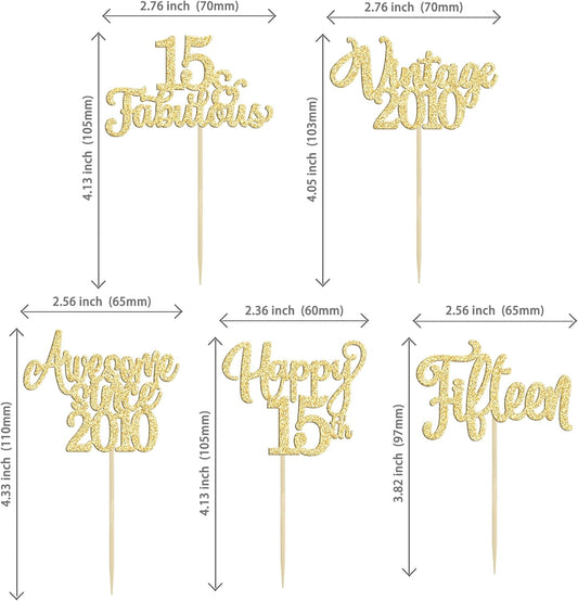 30Pcs Vintage 2010 Cupcake Toppers Glitter Fifteen Happy 15th Birthday 15 Fabulous Cupcake Picks Cheers to 15 Years for 15th Birthday Wedding Anniversary Party Cake Decorations Supplies Gold