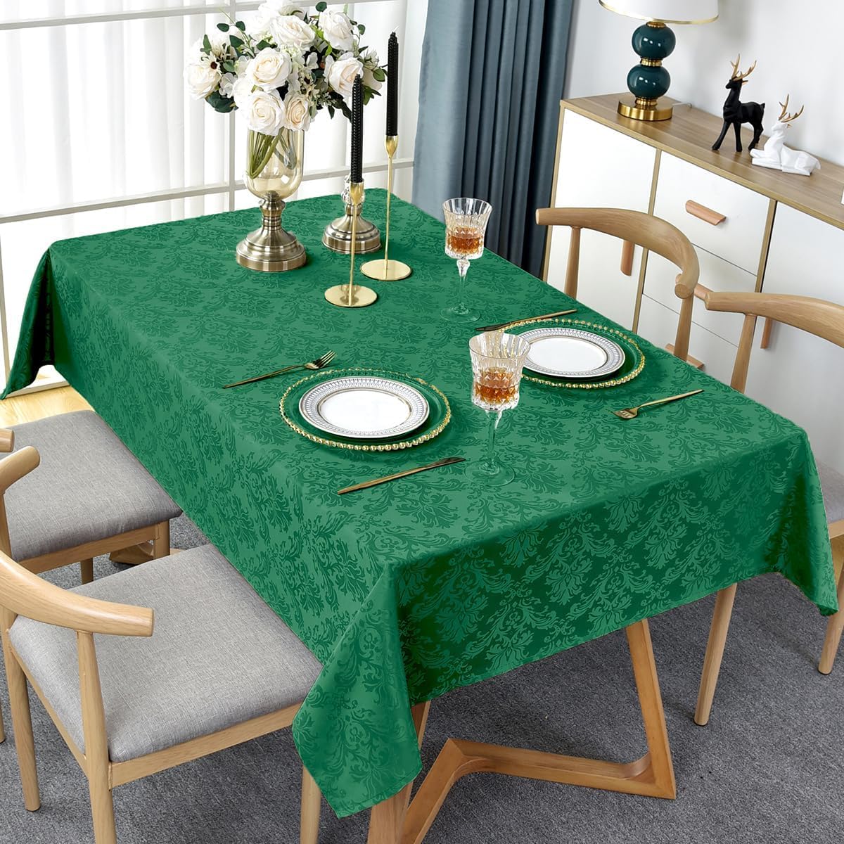 SASTYBALE Jacquard Tablecloth Rectangle 60 x 102 Inch, Waterproof Oil Proof Washable Damask Table Cloth, Heavy Weight Fabric Table Cover for Dining, Parties, Indoor, Outdoor, Green