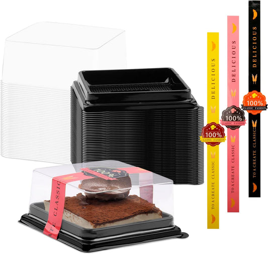 50 Pcs 3.5 Inch Mini Cake Containers - Clear Plastic Cupcake & Muffin Dessert Holders - Mooncake & Cookie Boxes - Wedding & Birthday Gift Box Set With 50 Pcs Stickers