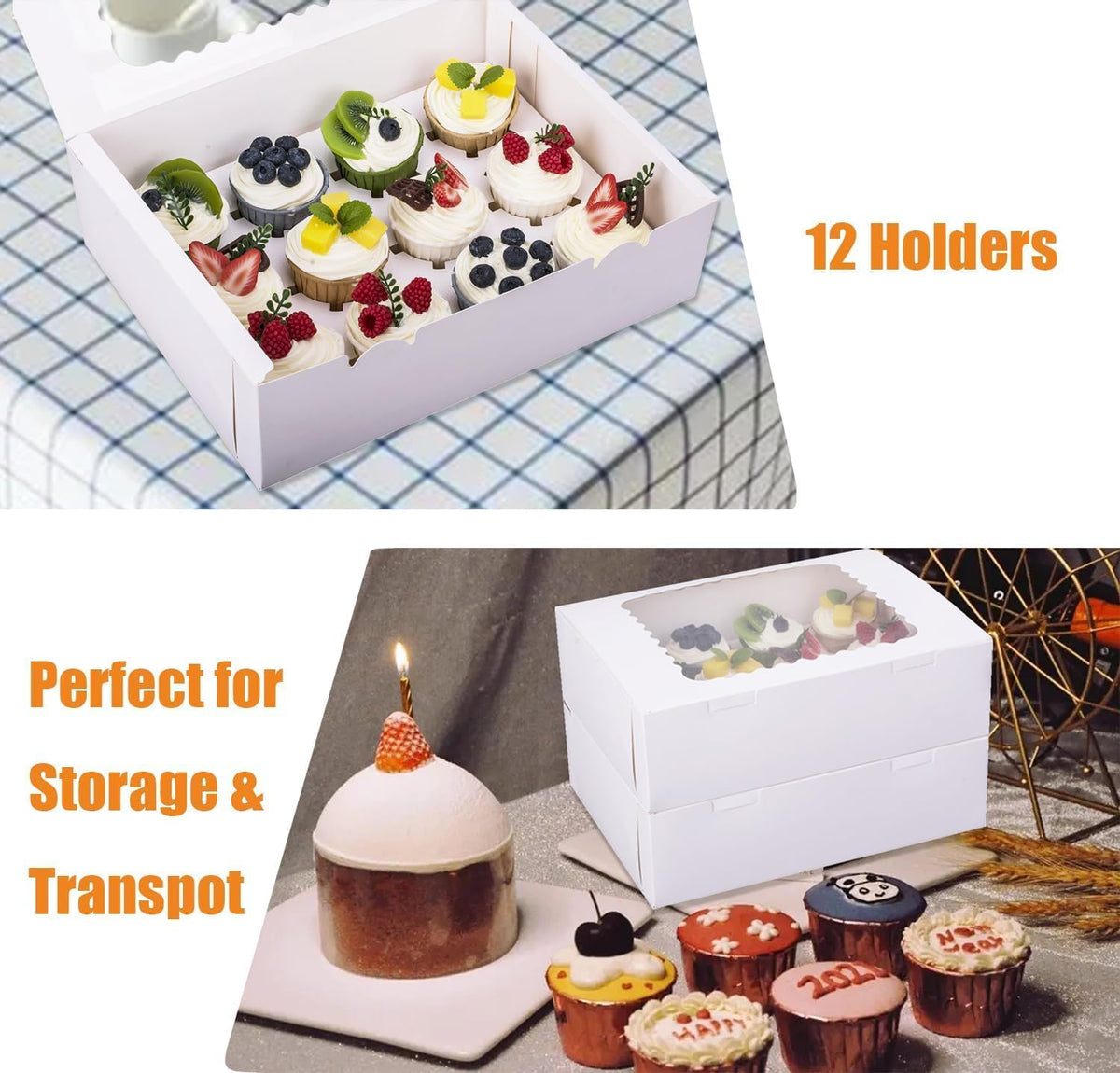 12-Set Cupcake Boxes Hold 12 Standard Cupcakes, Food Grade Cupcake Holders Bakery Carrier Boxes with Windows and Inserts for Cupcakes, Muffins and Pastries (White-12 Pack)