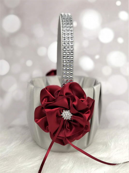 Abbie Home Flower Girl Basket in Silver Satin Cover with Burgundy Ribbon Flower Rhinestone Decor Luxury Satin Collection Party Favor Set(Burgundy+Silver Basket)