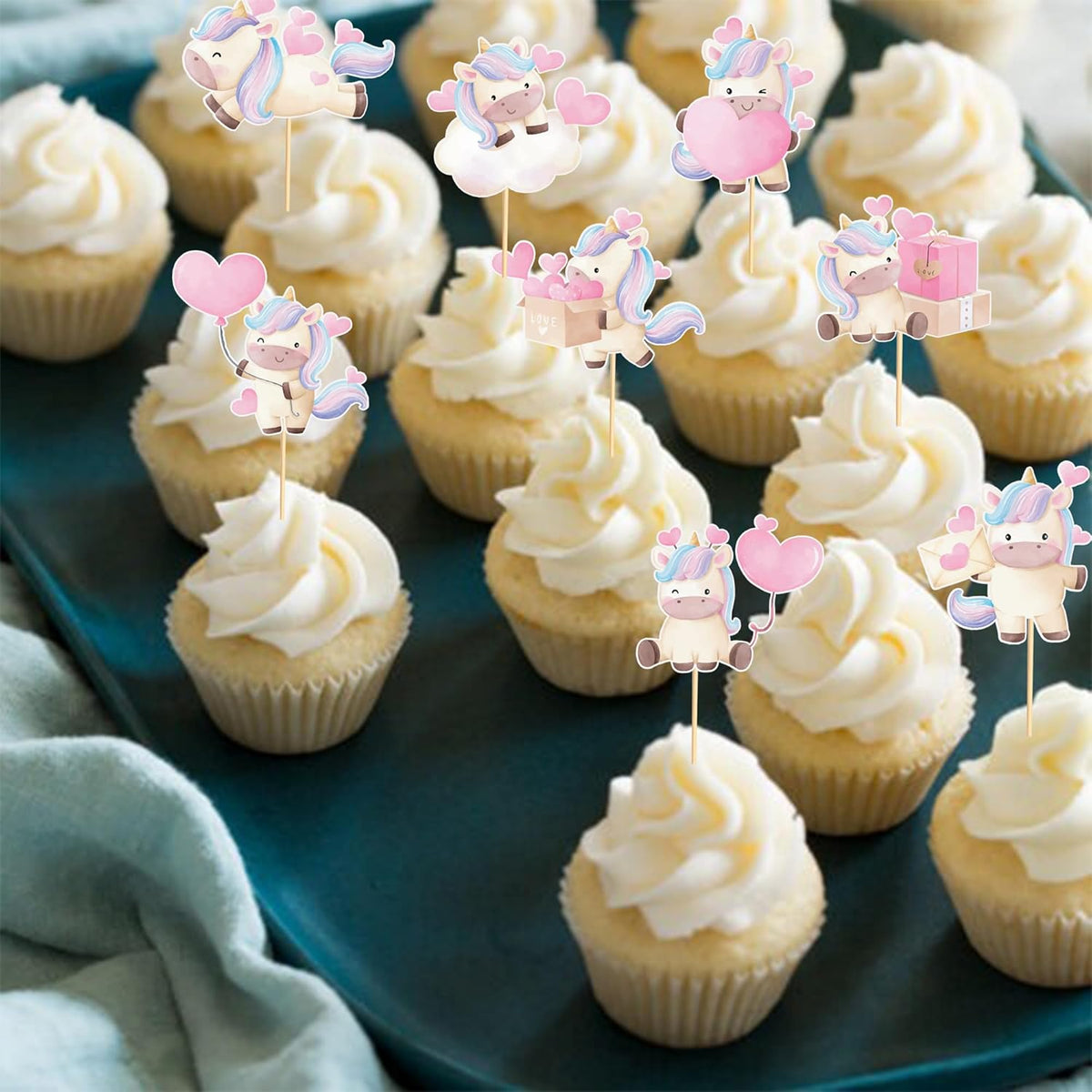 24pcs Unicorn Cupcake Toppers with Heart Unicorn Party Decoration Suitable for Baby Shower Valentine's Day Birthday Party Decoration