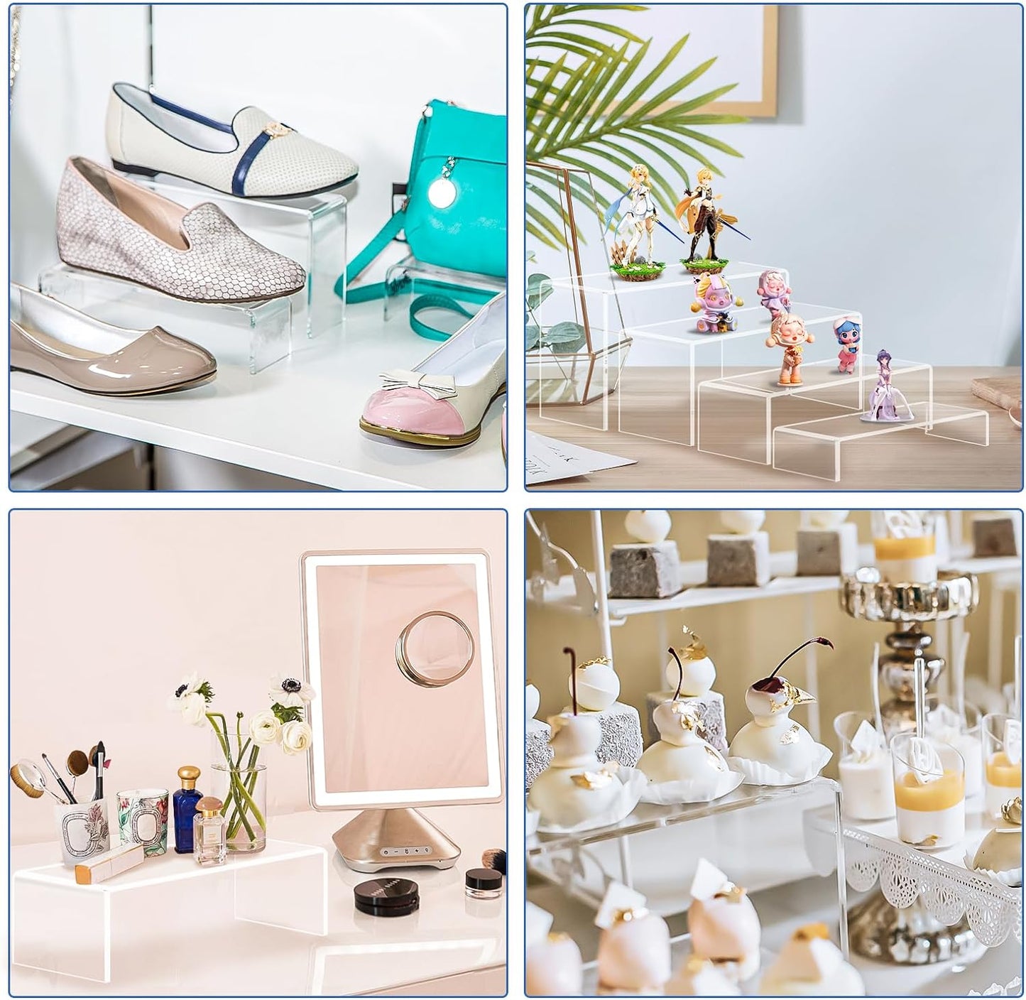 Aheroi Display Risers, 16 Pcs 4 Set(7”L~8”L~9”L) Acrylic Riser Display Shelf, Clear Risers Display Stands, Rectangular Acrylic Risers for Decor Display, Cupcake Candy Shoe Showcase Stands
