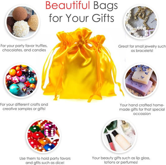 Knitial 4" x 6" Golden Yellow Satin Gift Bags, Jewelry, Wedding Favor Drawstring Bags Baby Shower Christmas 50 Count