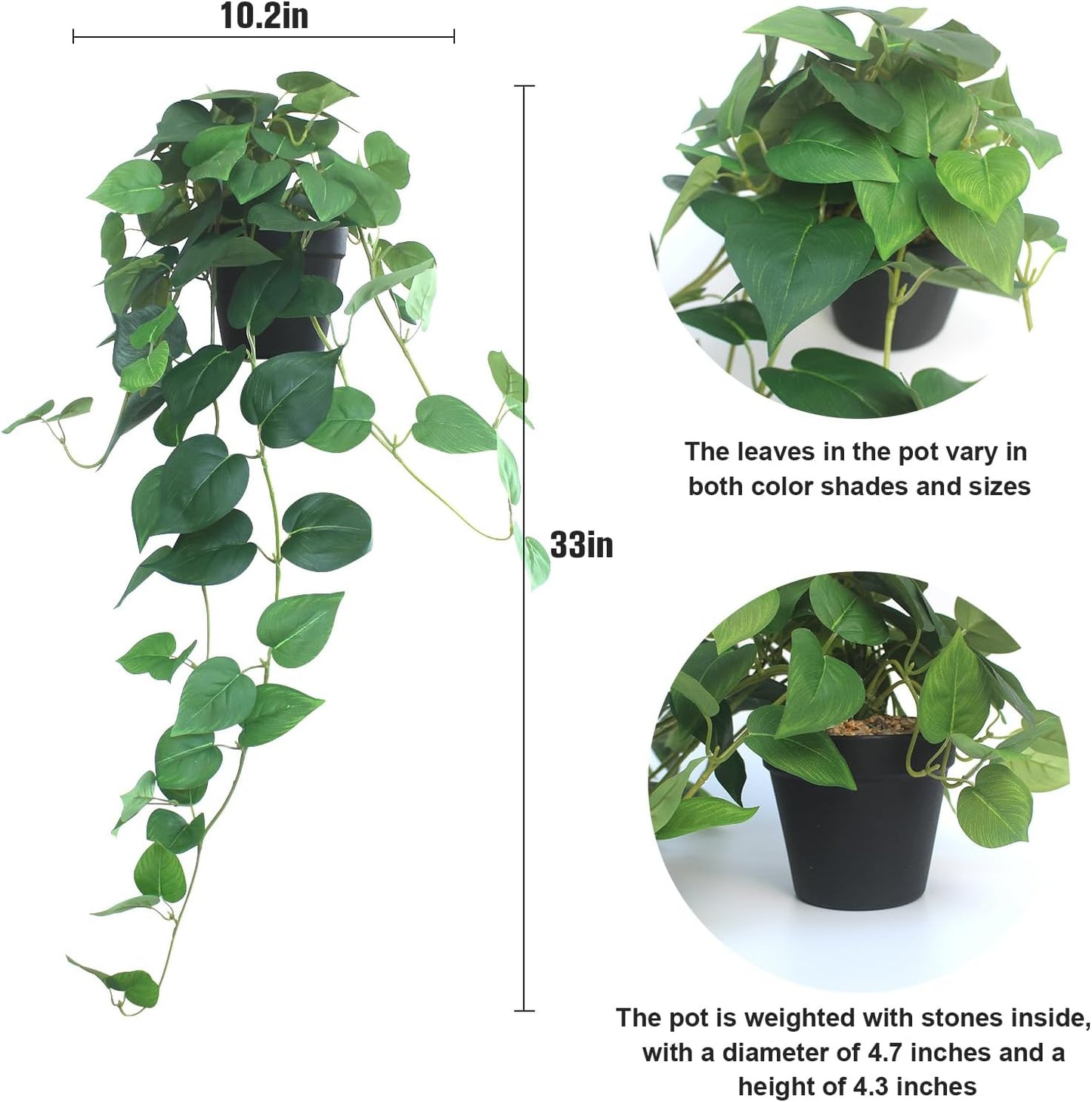 Fake Pothos Hanging Plants – 33" Set of 2 Faux Ivy Vines with Pots, Realistic Silk Devil’s Ivy for Indoor Décor, Low Maintenance Artificial Greenery for Home or Office (Green)