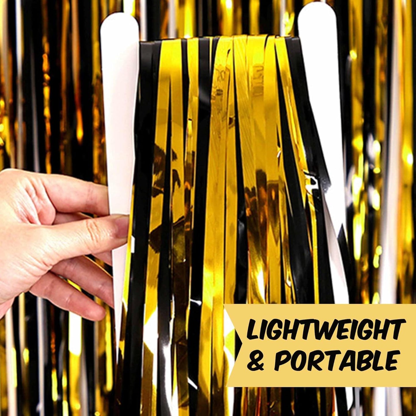 3 Pack Black and Gold Foil Fringe Curtains Backdrop, 3.28 x 9.8 Ft Metallic Streamers Tinsel Curtains Background for Photo Booth, Birthday, Halloween, Christmas, New Year Party Decorations