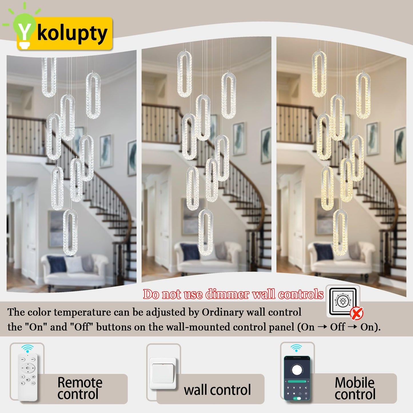 8 Rings Crystal Chandelier,H 118" Modern Silver Pendant Light Luxury Foyer Lighting Fixture High Ceiling Chandelier for Entryway,Staircase,Living Room,Villa LED Dimmable 2700K-6000K