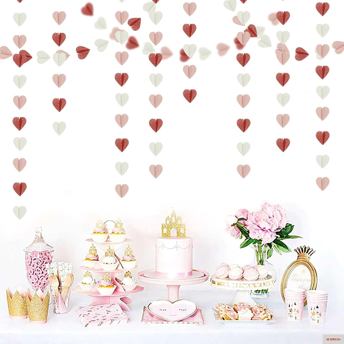 Rose-Gold Pink White 3D-Heart Garland - 39Ft Party Decorations Hanging Paper Streamers Banner,Engagement Wedding Bachelorette Baby Bridal Shower Decor Ouruola