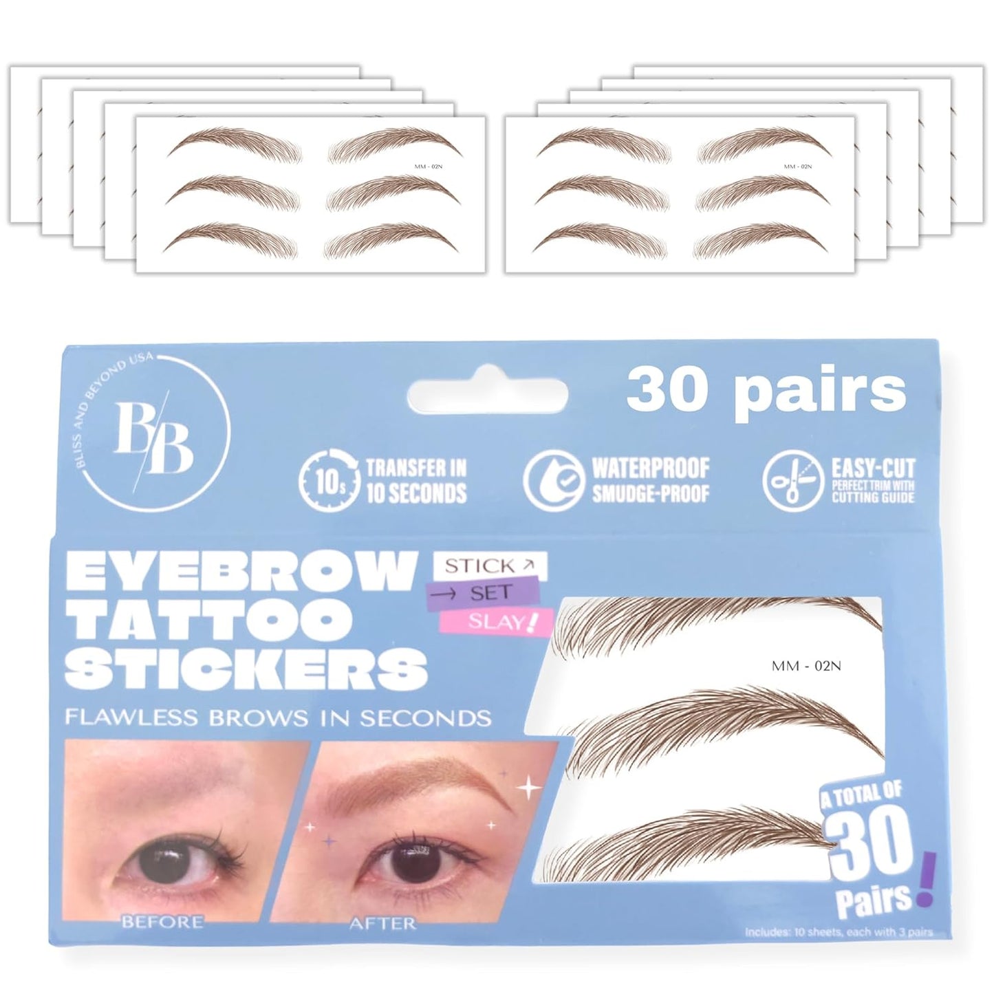 Bliss and Beyond USA Eyebrow Tattoo Stickers Waterproof – 30-Pair Deluxe Box | Realistic Hair-Like Temporary Brows for Alopecia, Cancer, and Hair Loss (Brown, Natural Miami)