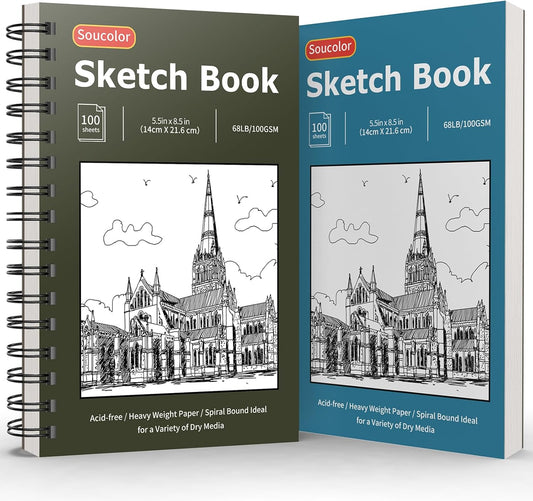 Soucolor 5.5" x 8.5" Sketchbook Pack of 2, 200 Sheets Blank Journal Notebook, A5, Spiral Bound Sketch Pad Drawing Book Acid-Free Paper (68lb/100gsm), Painting Sketching Drawing Notebook Art Supplies