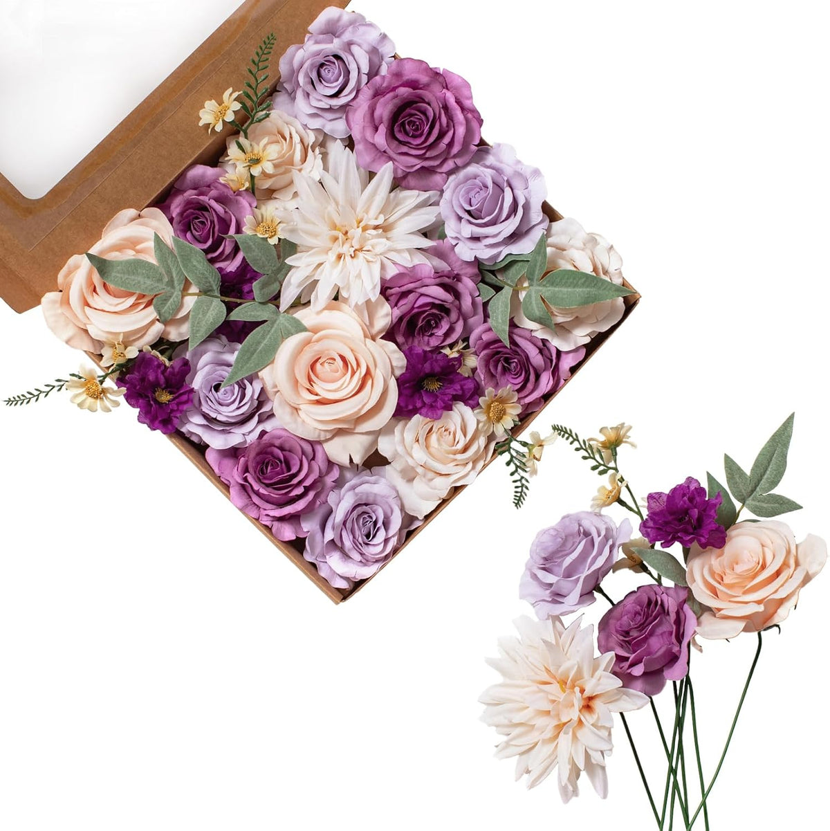 FANKO Rose Artificial Flowers Combo for DIY, Fake Purple Rose Artificial Silk Flowers with Greenery, Real Looking Artificial Faux Flowers for Wedding, Table Decoration, Centerpieces, Party, Home Décor