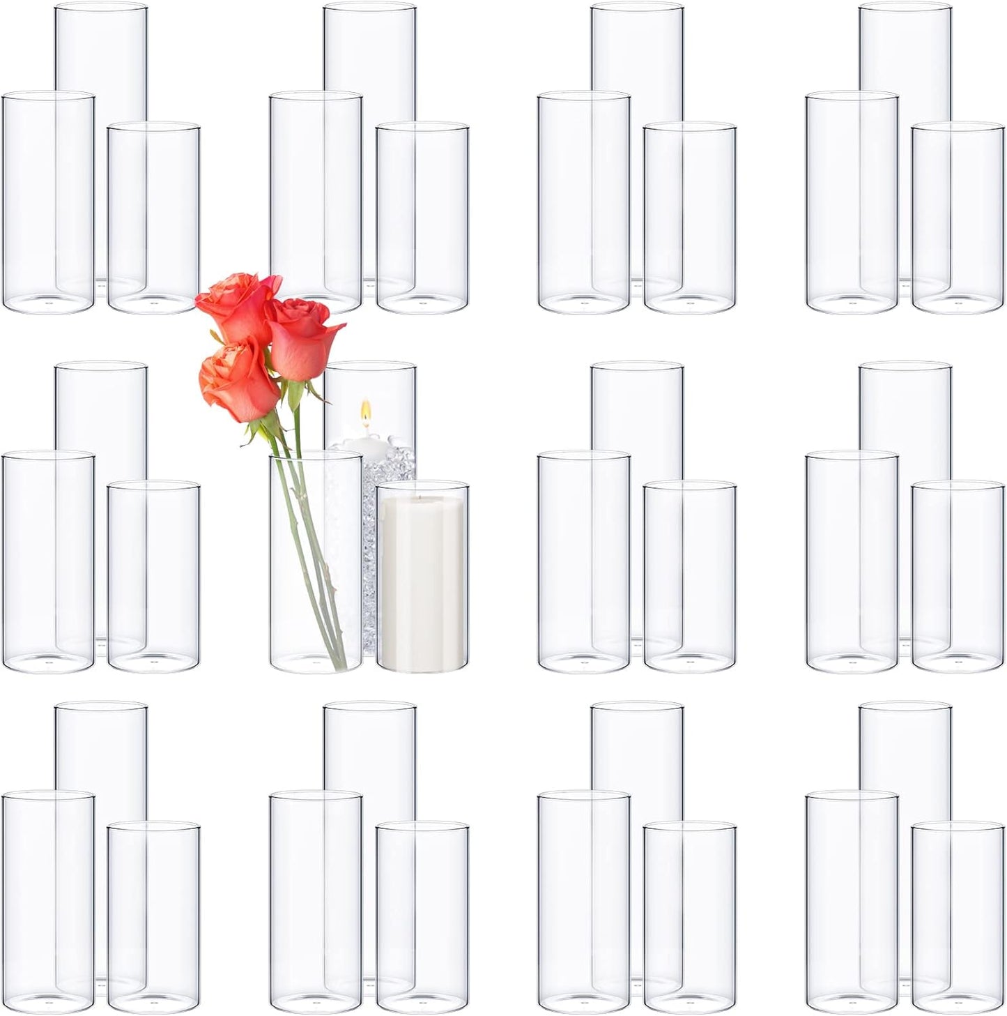 Thin Glass Cylinder Vases 2.5''/3.3'' Diameter 2mm Wall Thickness Clear Flowers Vase Hurricane Floating Candles Holders for Table Centerpieces Wedding Decor(3.3'' X 5.9'',7.9'',9.8'',36 Pcs)