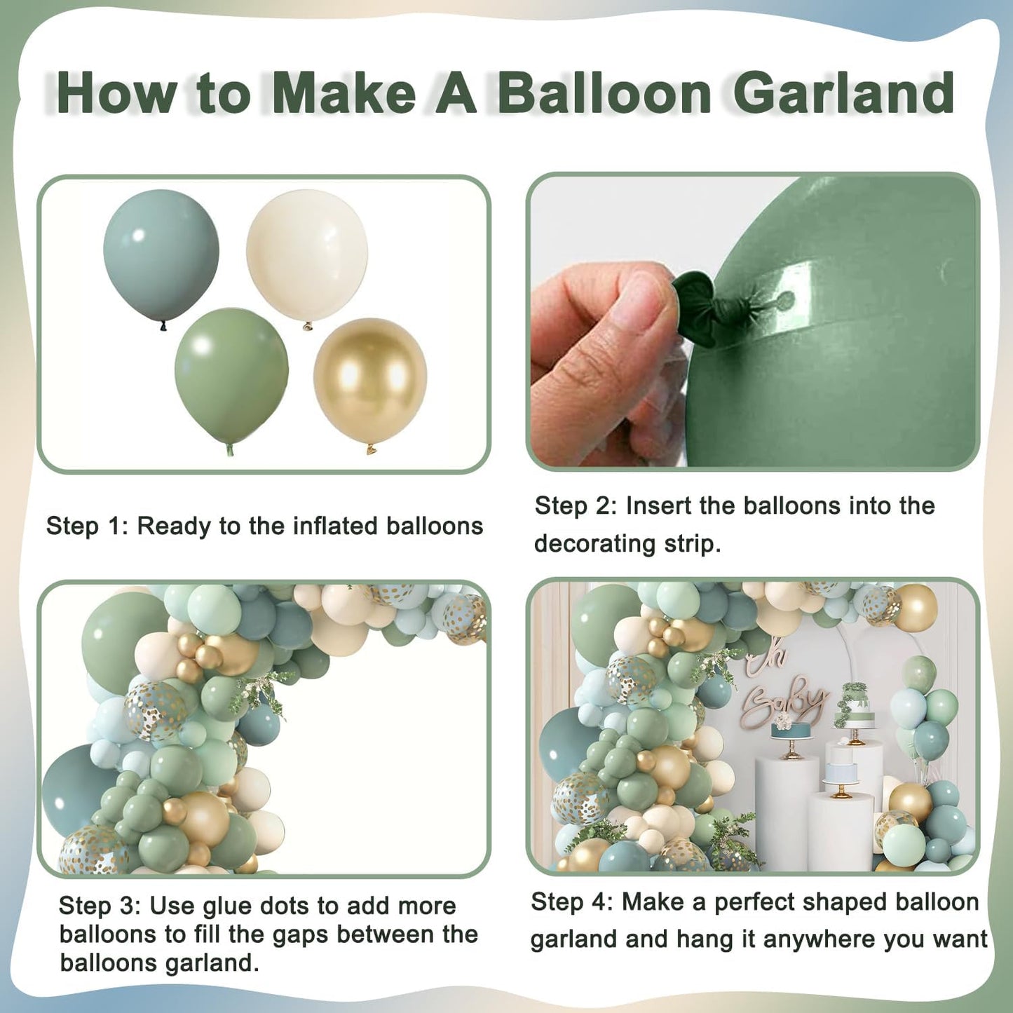 Dusty Blue Sage Green Balloon Arch Kit, Pastel Blue Green Sand White Gold Confetti Balloons Garland Kit for Wedding Bridal Boho Birthday Party Backdrop Decorations