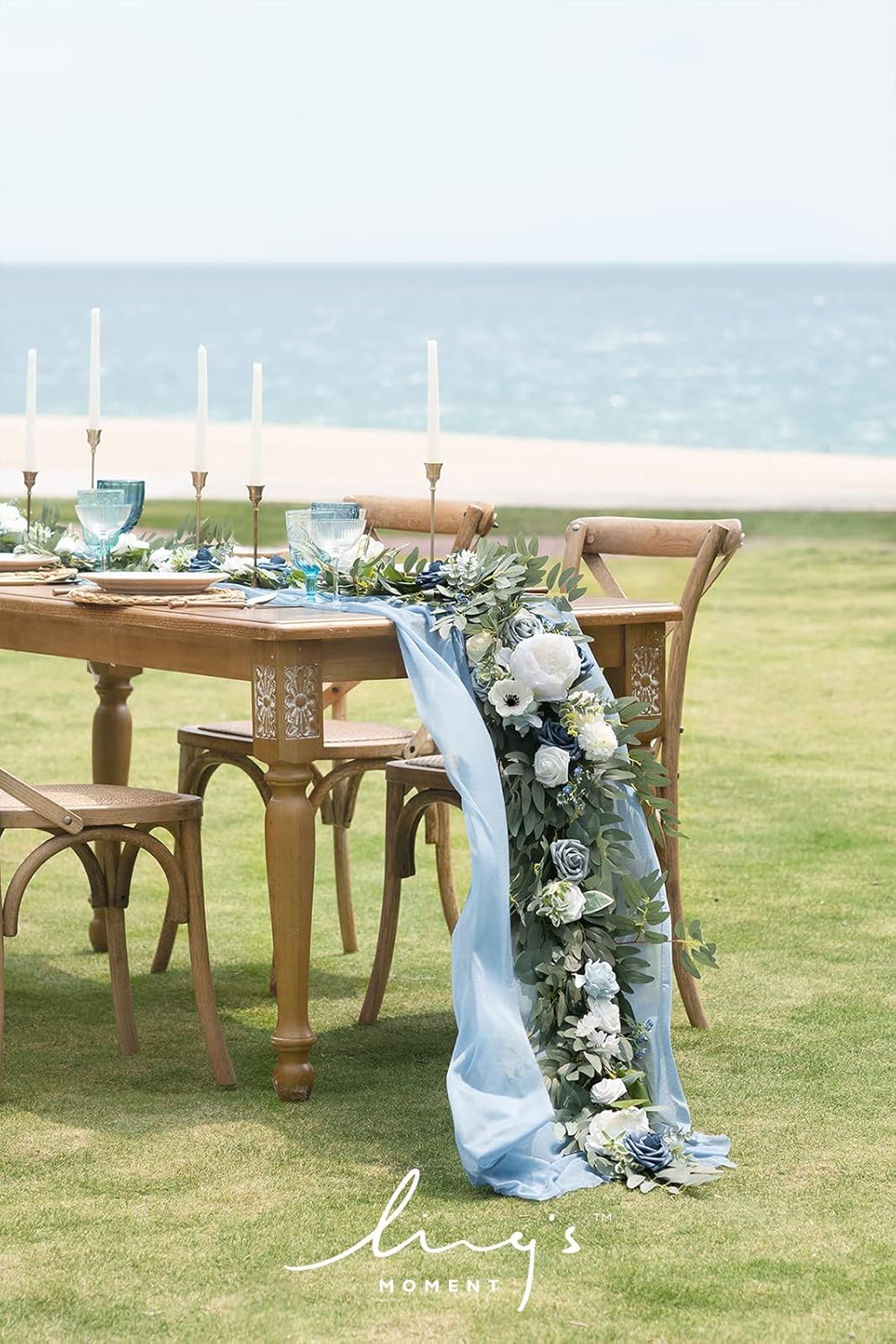Ling's Moment Flower Garland - 6FT Eucalyptus & Rose - Sweetheart Table Decor for Wedding Reception, Artificial Arch Floral Garland for Mantle, Christmas, Beach Decoration, Dusty Blue & White