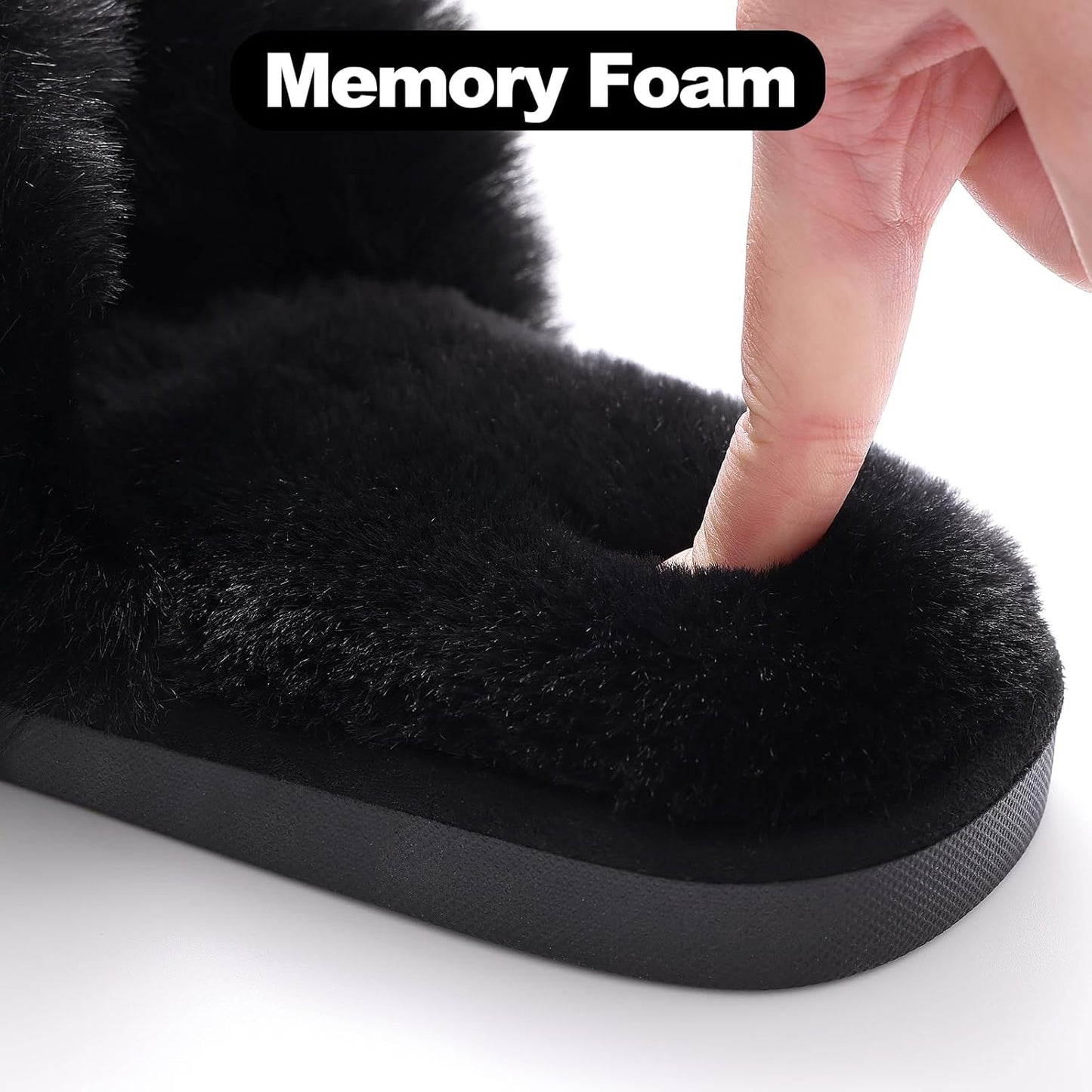 Evshine Women's Fuzzy Slippers Cross Band Memory Foam House Slippers Open Toe
