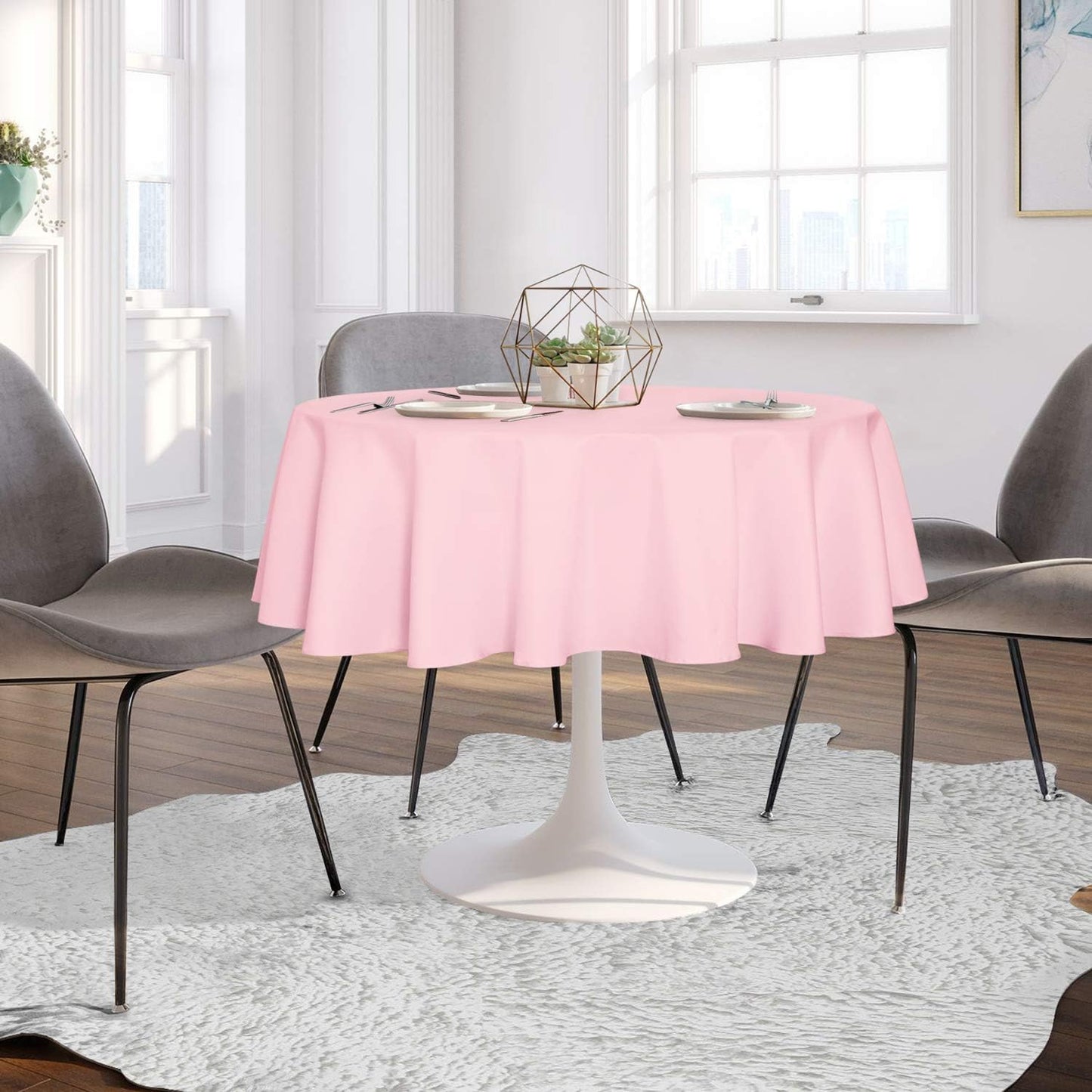 sancua Round Tablecloth - 60 Inch - Water Resistant Spill Proof Washable Polyester Table Cloth Decorative Fabric Table Cover for Dining Tables, Buffet Parties and Camping, Pink