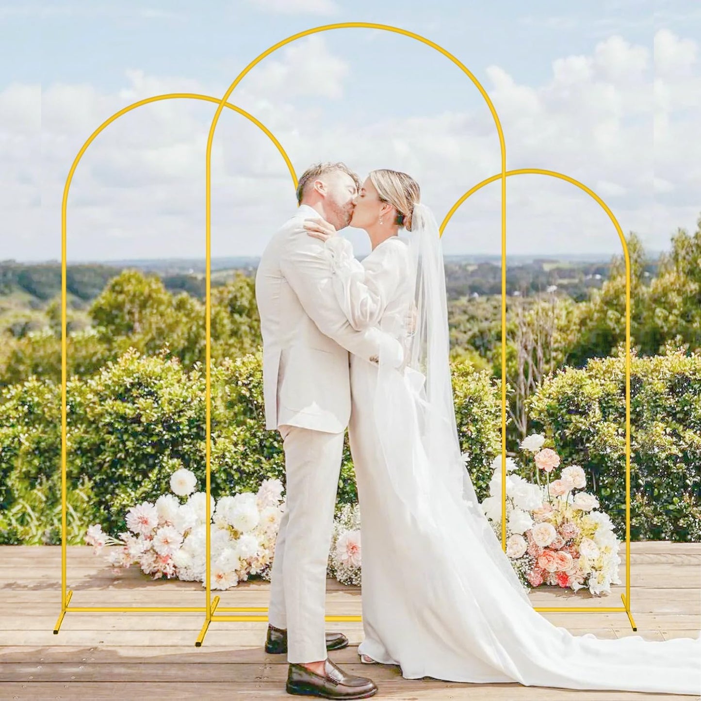 MODFUNS Metal Arch Backdrop Stand and Cover Set 6&6.6&7.2ft Sage Green Arch Backdrop Covers Gold Wedding Arch Stand Set of 3 Spandex Arched Covers for Party Birthday Banquet Wedding Decoration