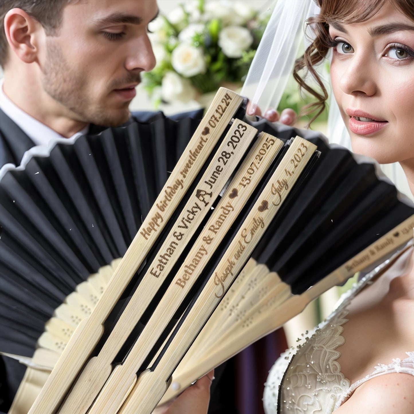 20Pcs Personalized Silk Fans Folding Hand Fan, Custom Wedding Bridal Party Favors, Summer Wedding Bride, Wedding Gift, Thank You Gift (Black)
