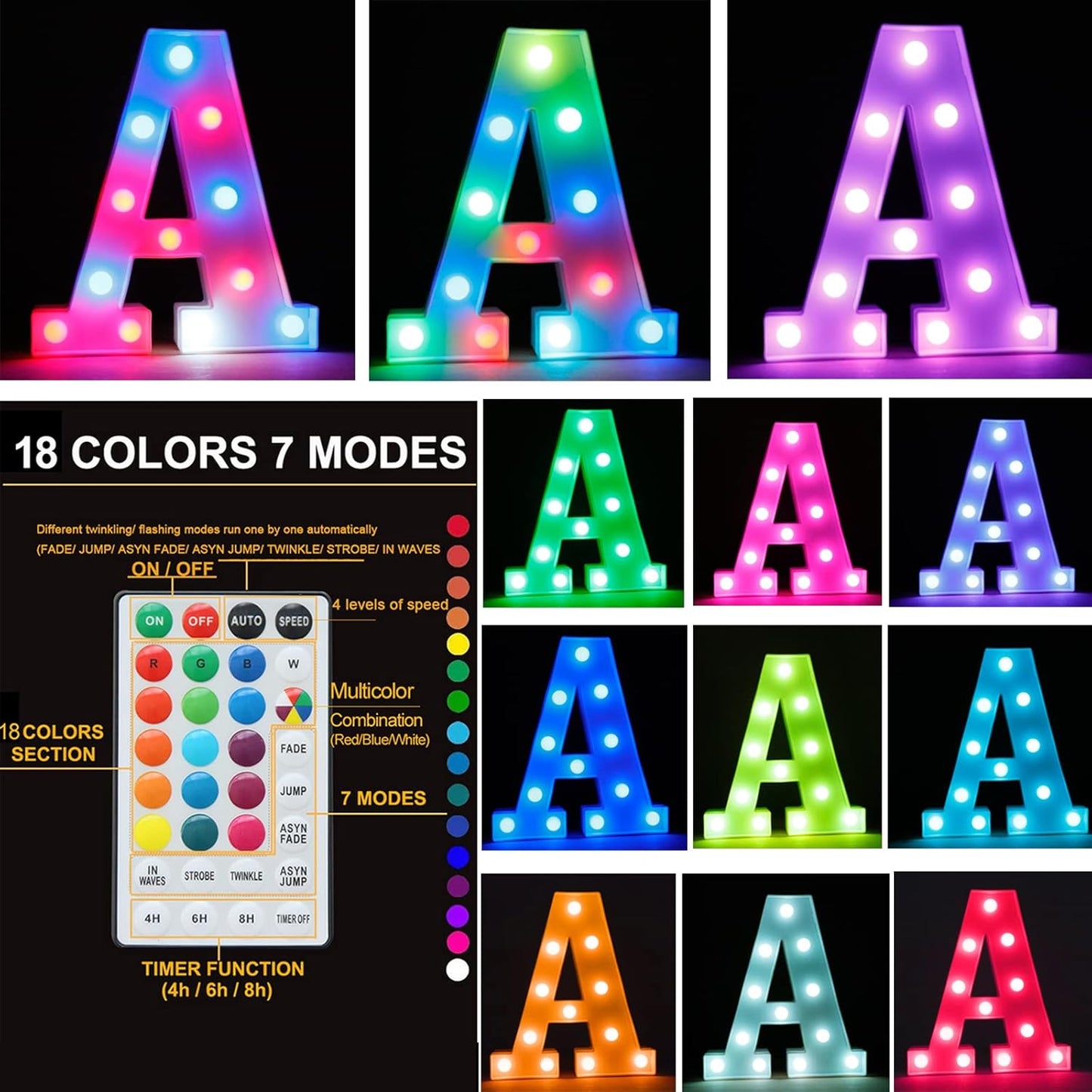Light Up Colorful LED Marquee Letter lights, 18 Colors Changing Alphabet Letters Sign with Remote Timer for Night Light Girls Bedroom Wedding Birthday Party Lamp Christmas Home Bar Decor- Colorful J