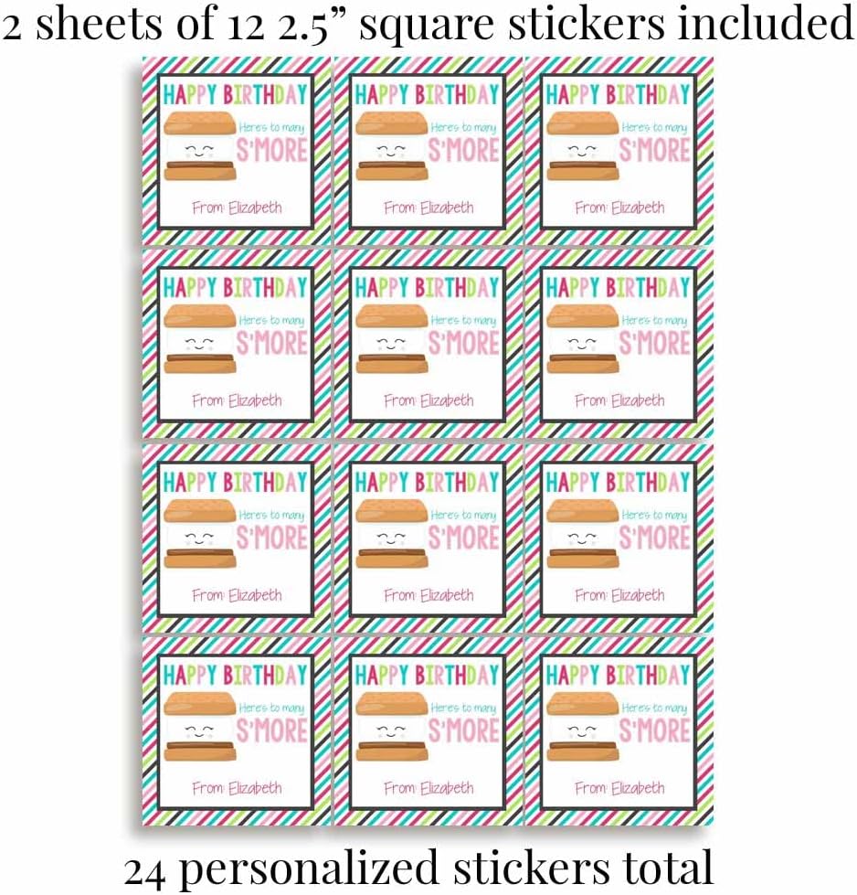 Custom & Personalized Many S'More Happy Birthday Gift Tag Sticker Labels, 24 2.5" Square Stickers by Amanda Creation
