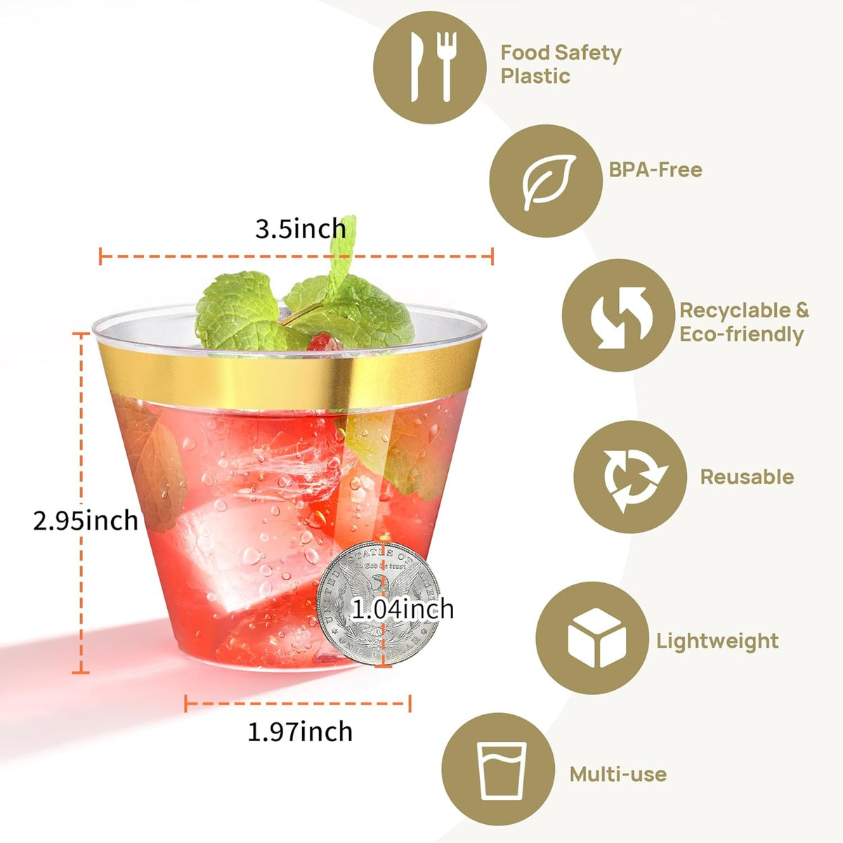 100Counts 9 OZ. Disposable Cups Old fashioned Party Tumblers, 9 Ounce Squat Cups Gold Rimmed Hard Plastic Party Wedding Cups with Gold Rim