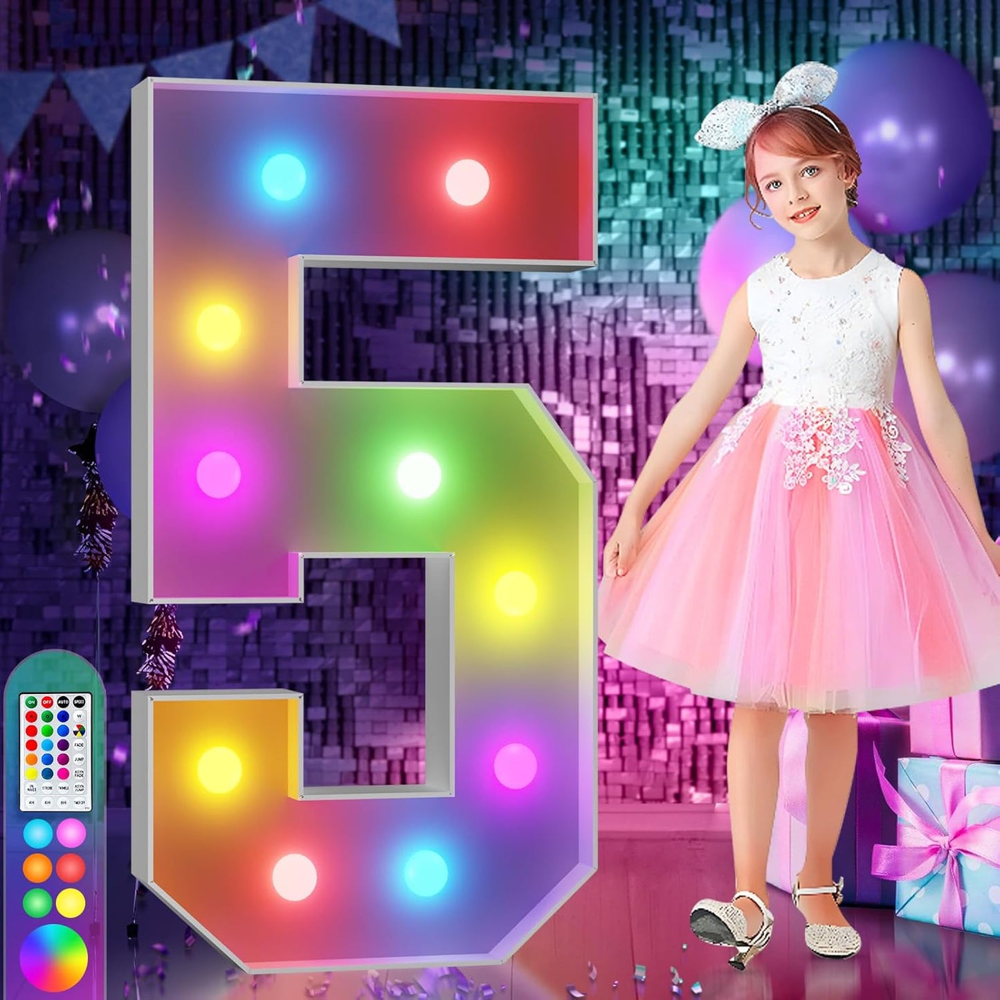 imprsv 4FT Colorful Marquee Numbers,18 Colors Number 5 with Remote, Light Up Numbers Sign for 50th Birthday Decorations Anniversary Party Decor, Pre-Cut Foam Board Kit, Mosaic Sign for Balloon