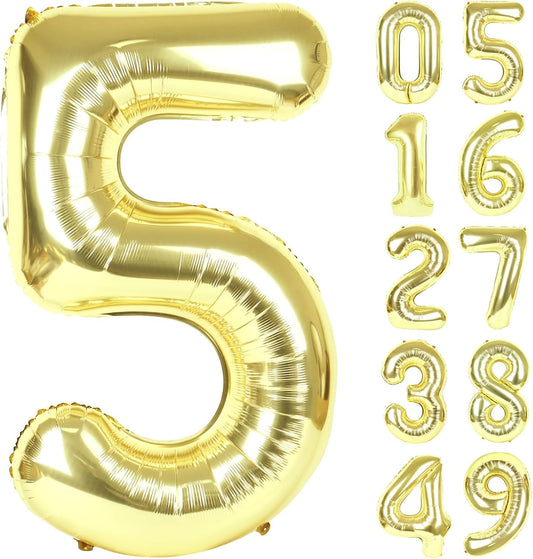 Light Gold 40 Inch Large Number 5 Birthday Balloon, Five 5th 15 25 35 50 55 Birthday Celebration Decorations, Champagne Gold Foil 5 Mylar Helium Balloons Girl Boy Anniversary Party Supplies