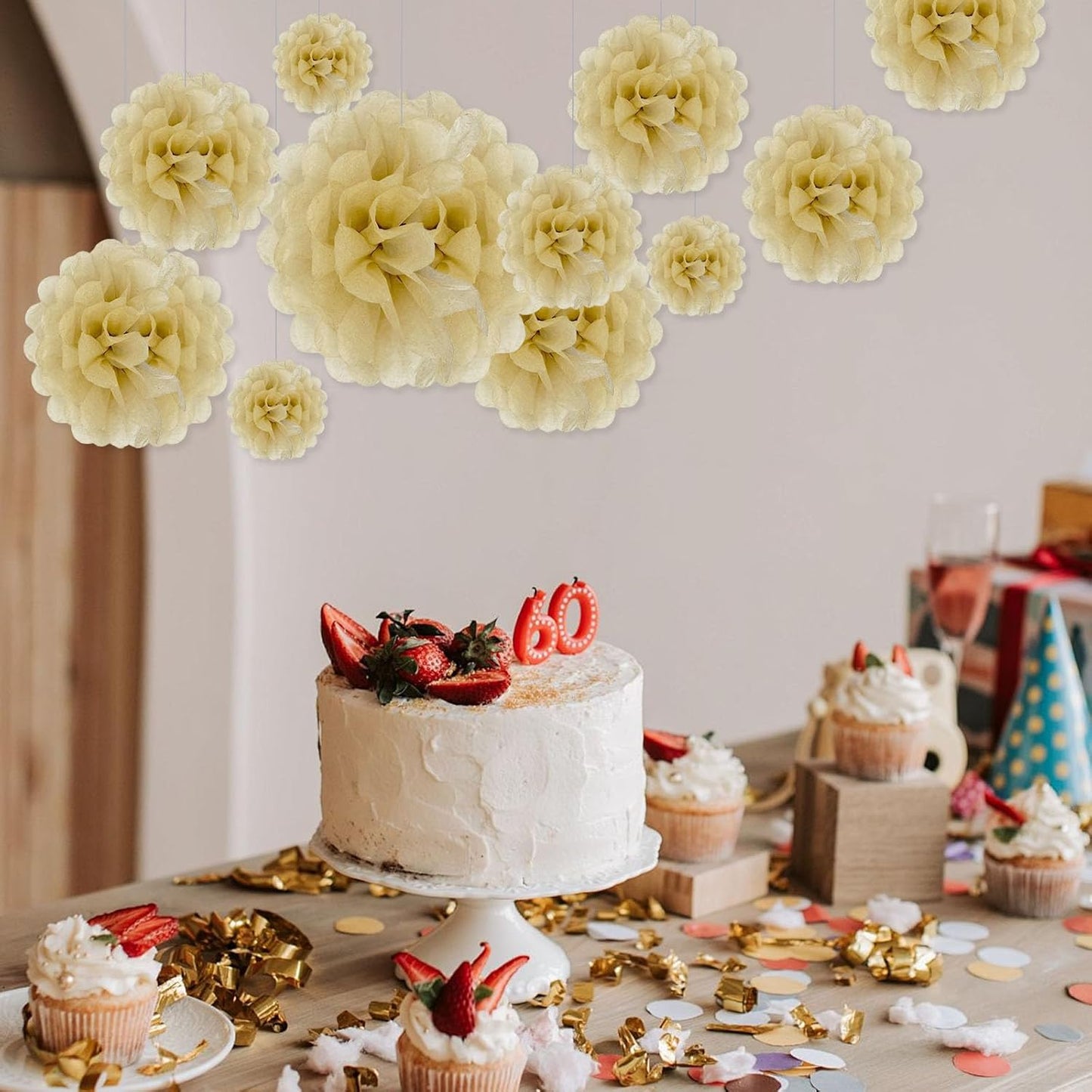 Tissue Paper Pom Poms, Light Khaki Tissue Paper Flowers, Hanging Flower Balls for Weddings Fiesta Parties Birthday Baby Showers Classroom Bridal Shower Decoration (20Piece Set-6/10/12/14Inch)