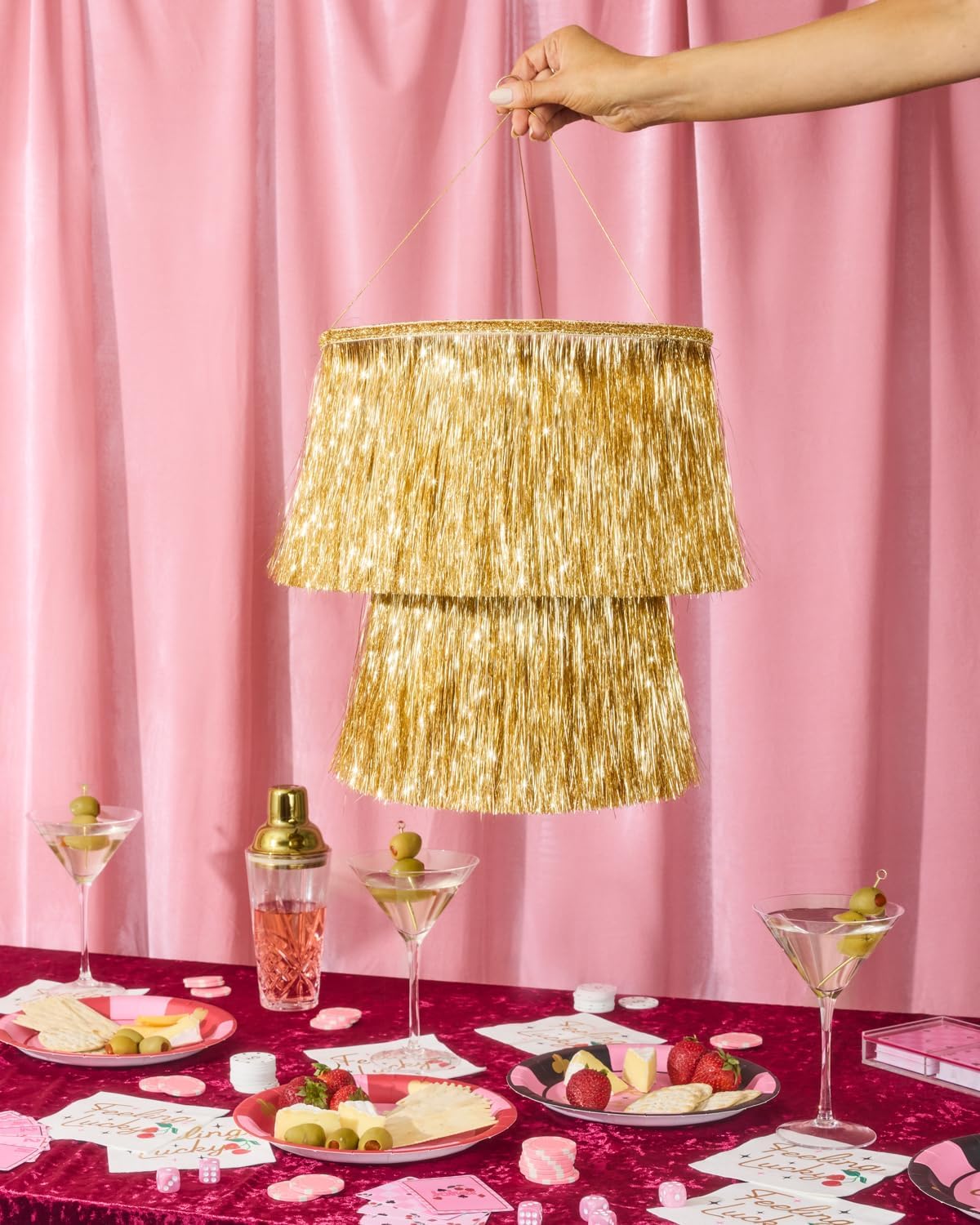xo, Fetti Gold Fringe Tinsel Chandelier | 16" | Bachelorette Party Decorations, Birthday Photo Booth Supplies, New Years Eve Decor, HBD