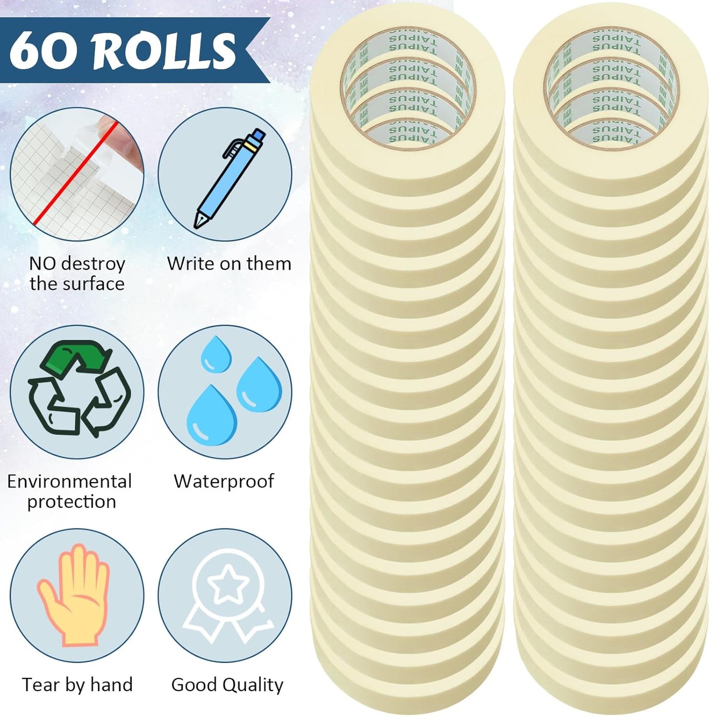 Masking Tape Bulk General Purpose Masking Painting Tape 55 Yards for Painting Home Office School Stationery Arts Crafts Basic Use, Easy Removal(60 Rolls,1 Inch)
