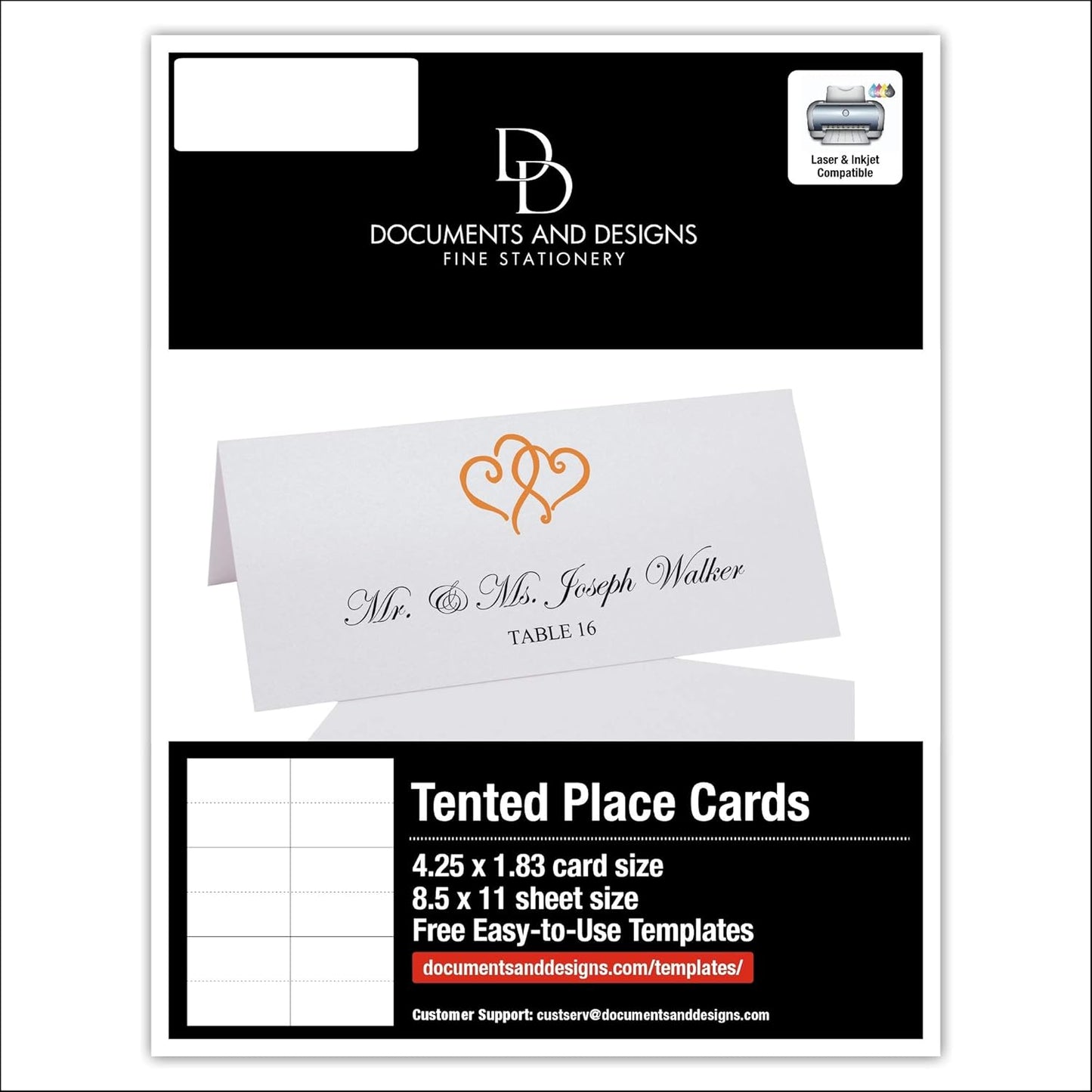 Linked Hearts Printable Place Cards, Orange (Choose Color), Set of 60 (10 Sheets), Laser & Inkjet Printers - Wedding, Party, Dinner, and Special Events - Made in the USA