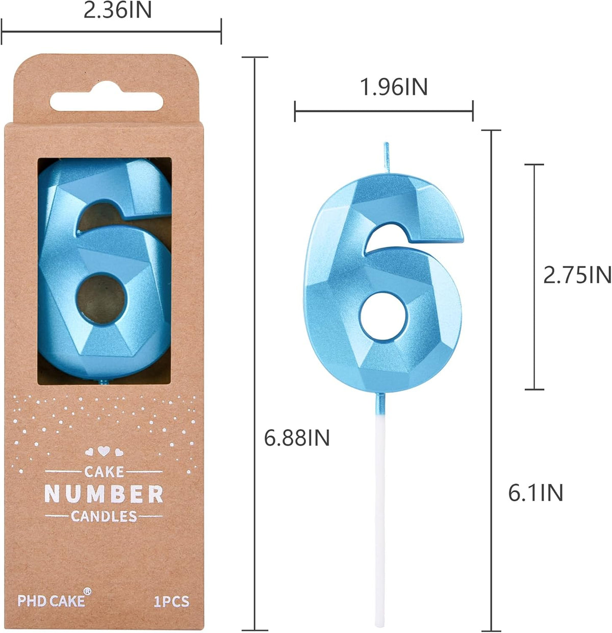 PHD CAKE 2.76 Inch Crystal Blue 6 Number Birthday Candles, Blue Number Candles, Cake Number Candles, Party Celebration