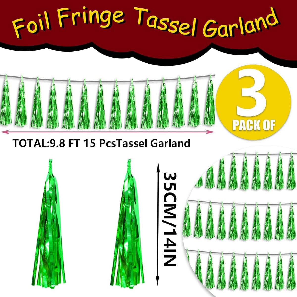 3P Metallic Fringe Tassel Banner Garland Foil Tinsel Streamer Wall Hanging Curtain Backdrop Banner for Parade Floats, Graduation Decorations, Father's Day Party Decoration(Green)