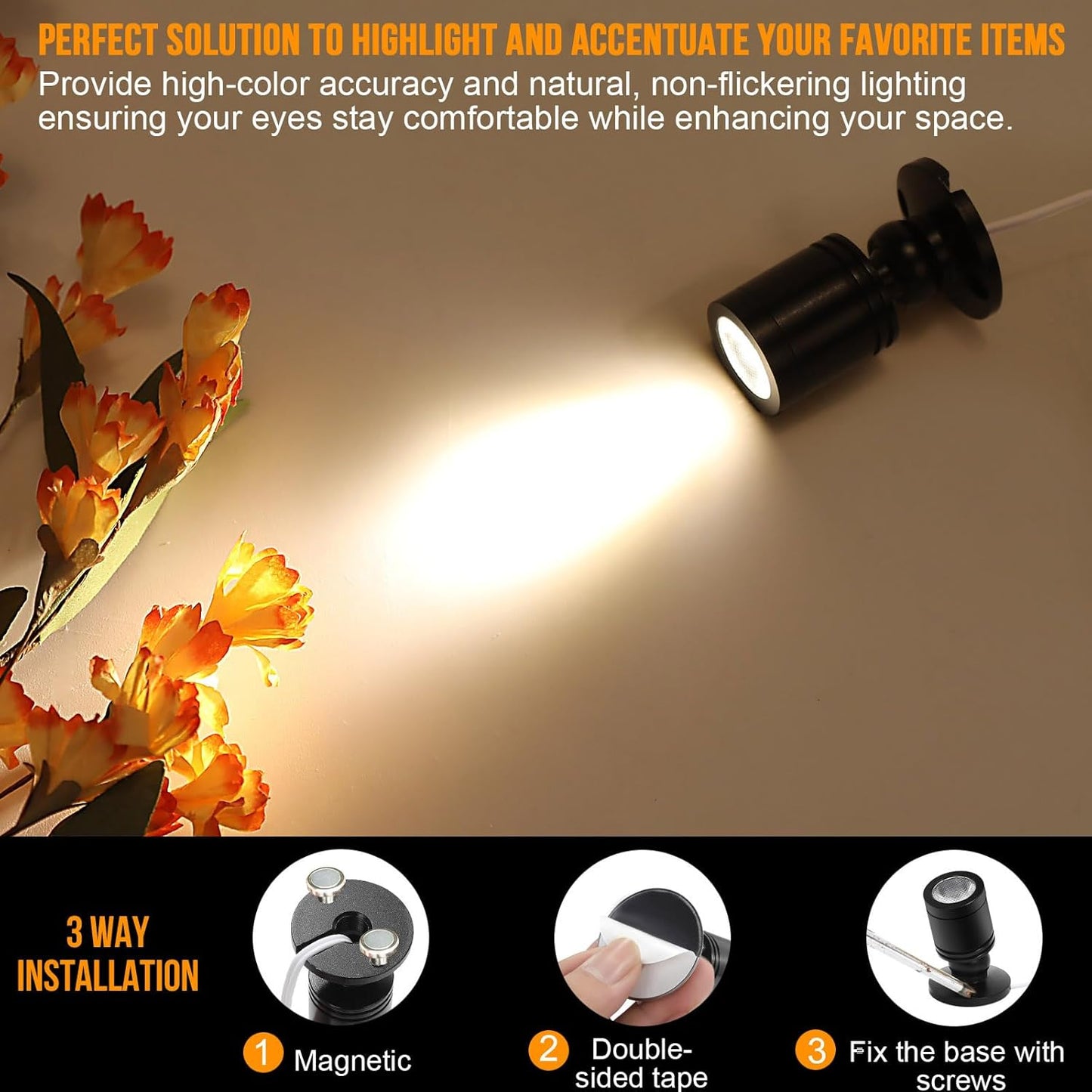 Taysing LED Spot Light Indoor Little Mini Spotlight Accent Lights for Display,Paintings,Pictures,Plants,Jewelry,Shelves, Cabinets,Posters,Showcase(SoftWhite 6 Pack Dimming&Timing)