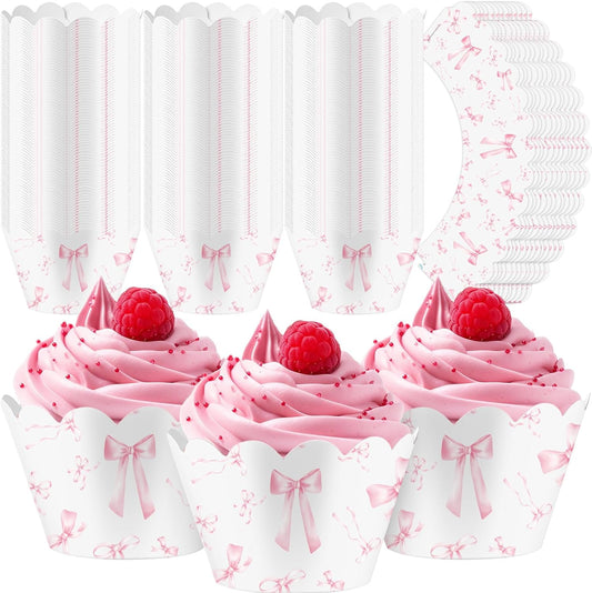 Domensi 100 Pcs Pink Bow Cupcake Wrappers Rustic Cupcake Liners Pink Baking Cups Baking Liners for Wedding Bridal Baby Shower Birthday Breast Cancer Awareness Party Supplies Dessert Decoration