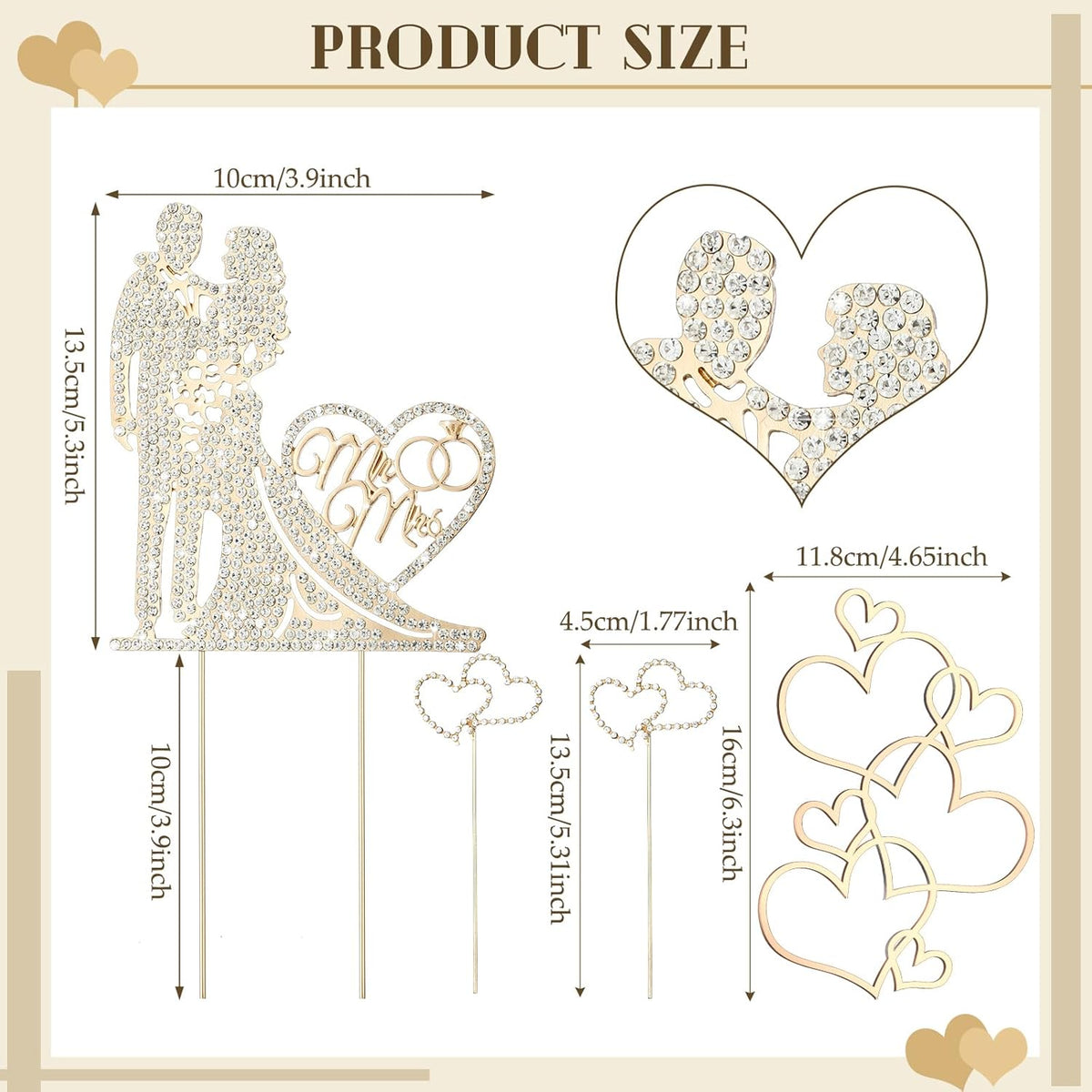 Spiareal 4 Pcs Wedding Cake Topper Mr and Mrs Rhinestone Bride and Groom Love Cake Topper Metal Crystal Heart Shaped Happy Engagement Anniversary Funny Diamond Party Decor for Bridal Shower(Gold)