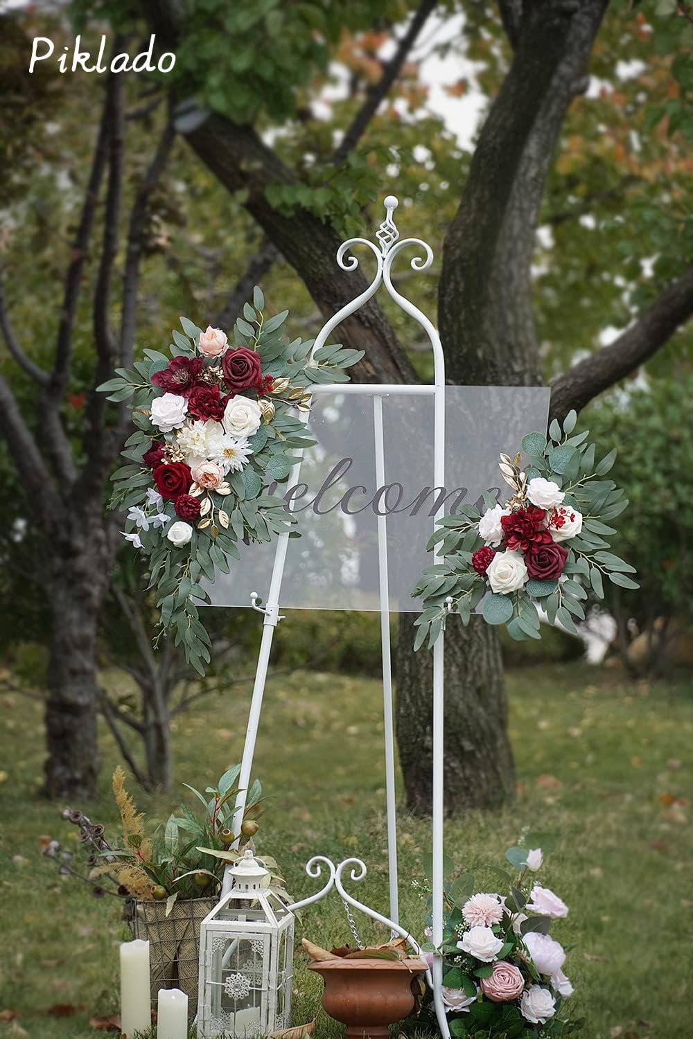 Faux Flower Swag Set of 2 for Wedding Welcome Signs Floral Swag Wedding Reception Ceremony Signs Decor (Red)