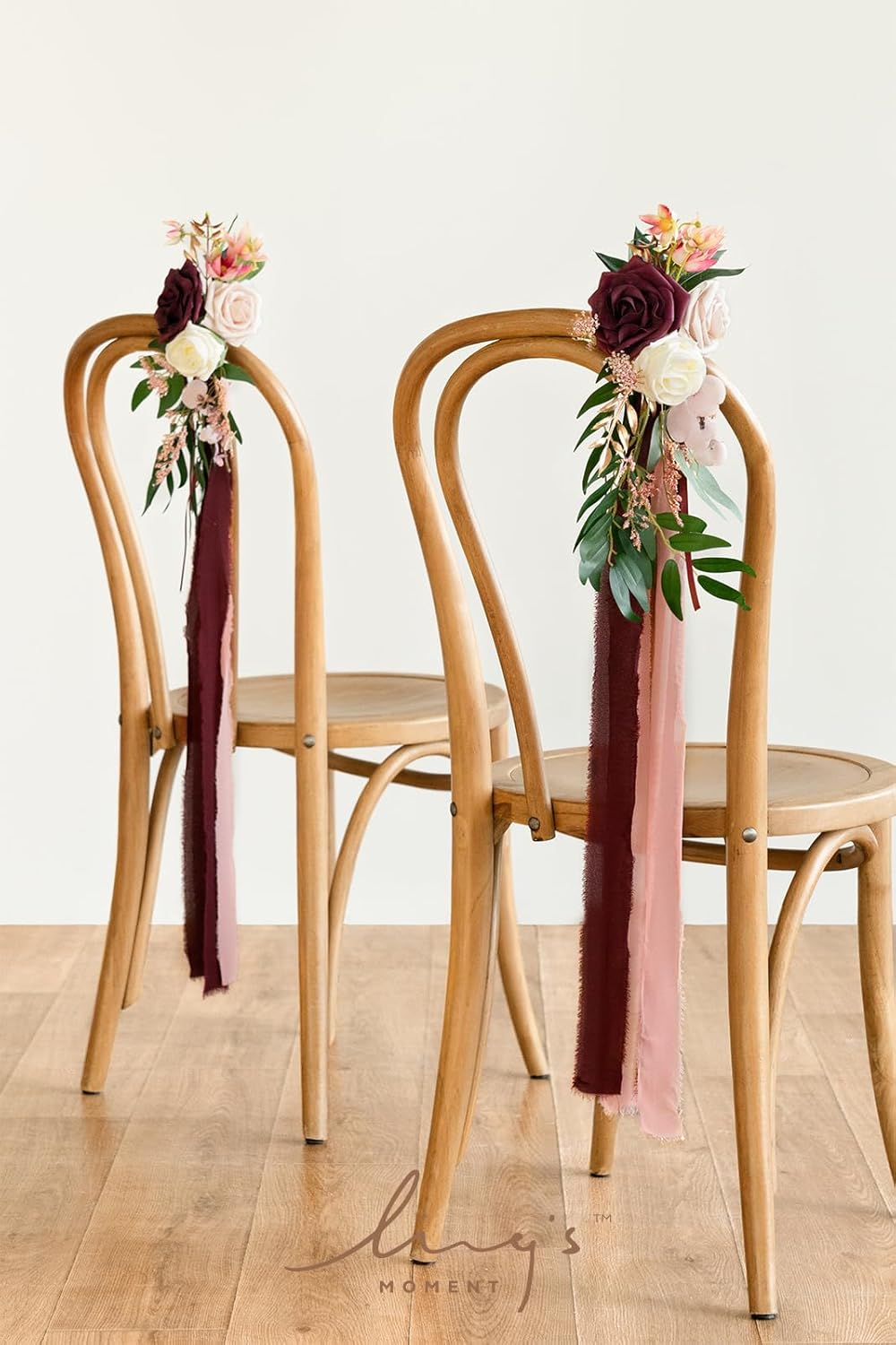 Ling's Moment 8pcs Aisle Pew Artificial Flowers Arrangements for Wedding Ceremony Chair Back Floral Decorations with Chiffon Ribbon Marsala Blush Pink Reception Church Rose Faux Hanging Party Outdoor